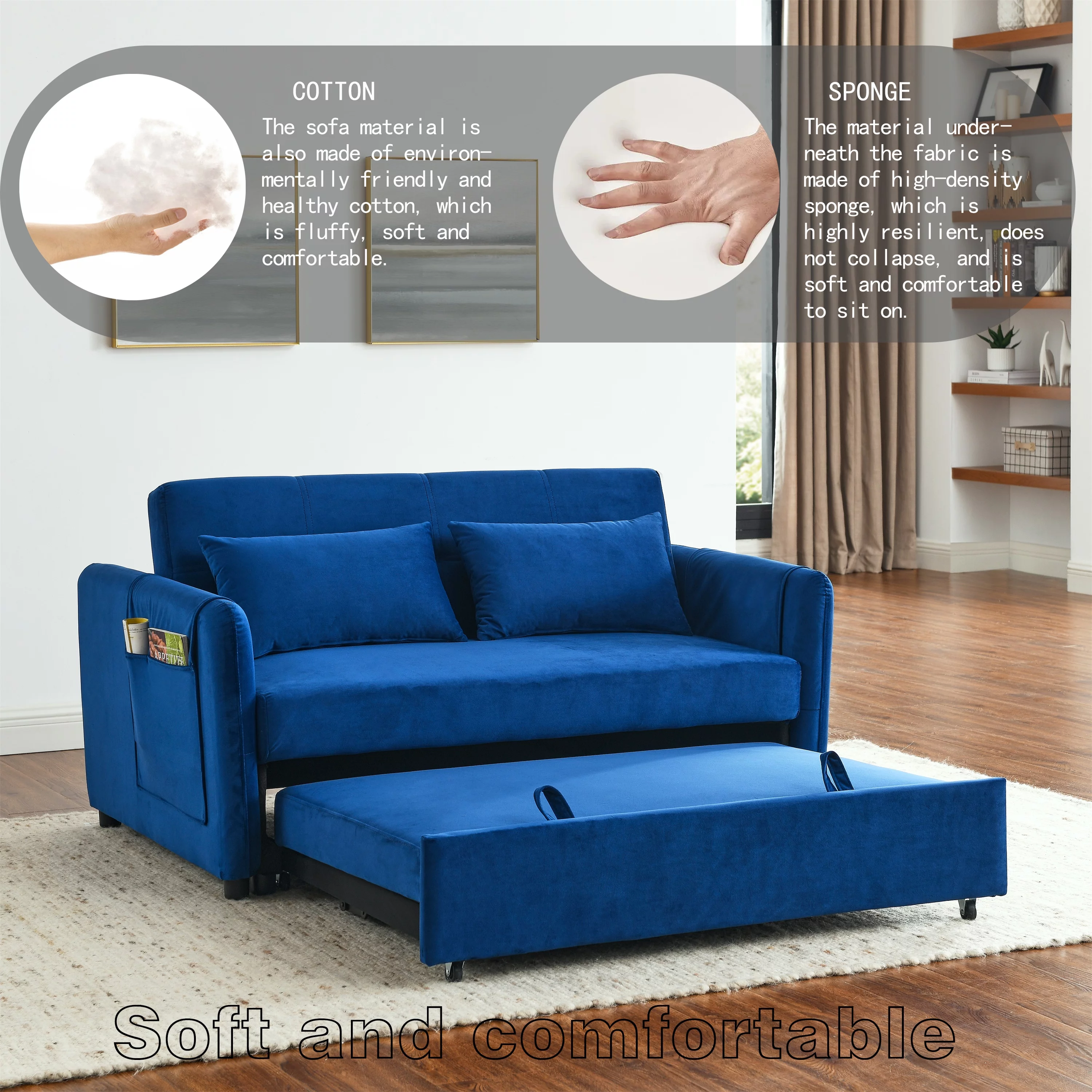 Modern Velvet Pull Out Convertible Sleeper Sofa Bed, Folding Loveseat Futon Couch with Adjustable Backrest Lumbar Pillows for Living Room Bedroom Office