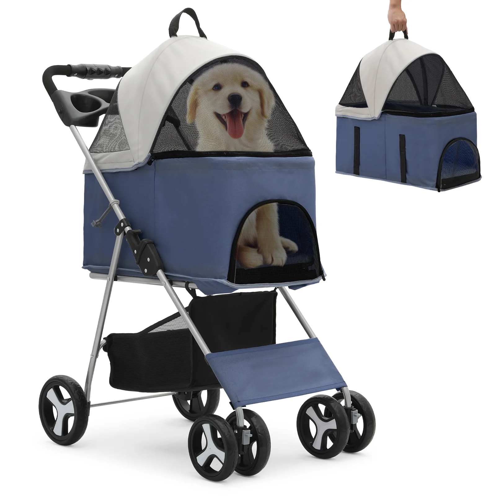 MoNiBloom 4 Wheel Foldable Dog Pet Stroller with Cup Holder, Navy Blue