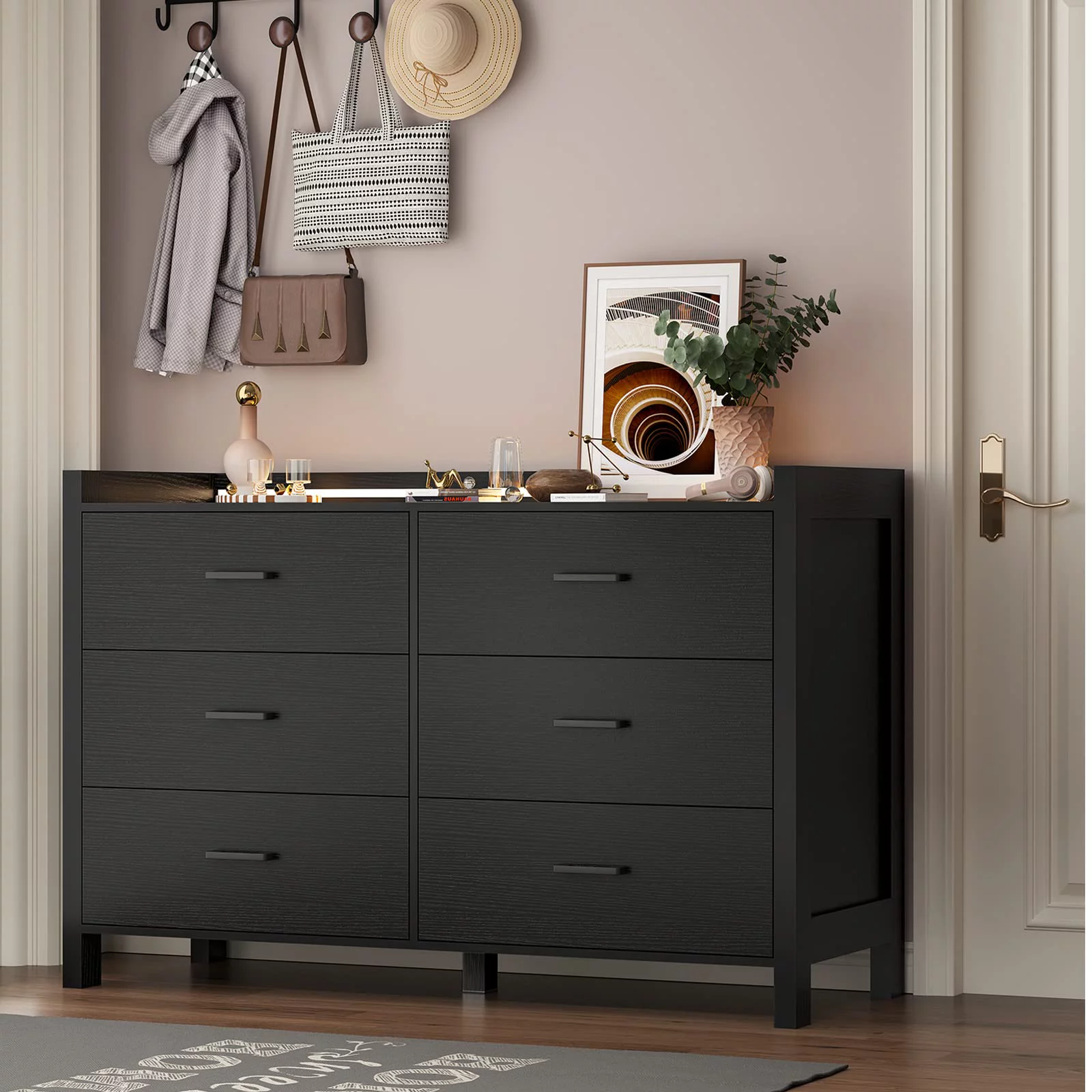 6 Drawer Double Dresser with LED Lights, Large Wooden Storage Cabinet,Drawer Dresser for Bedroom, Hallway, Entryway,Black