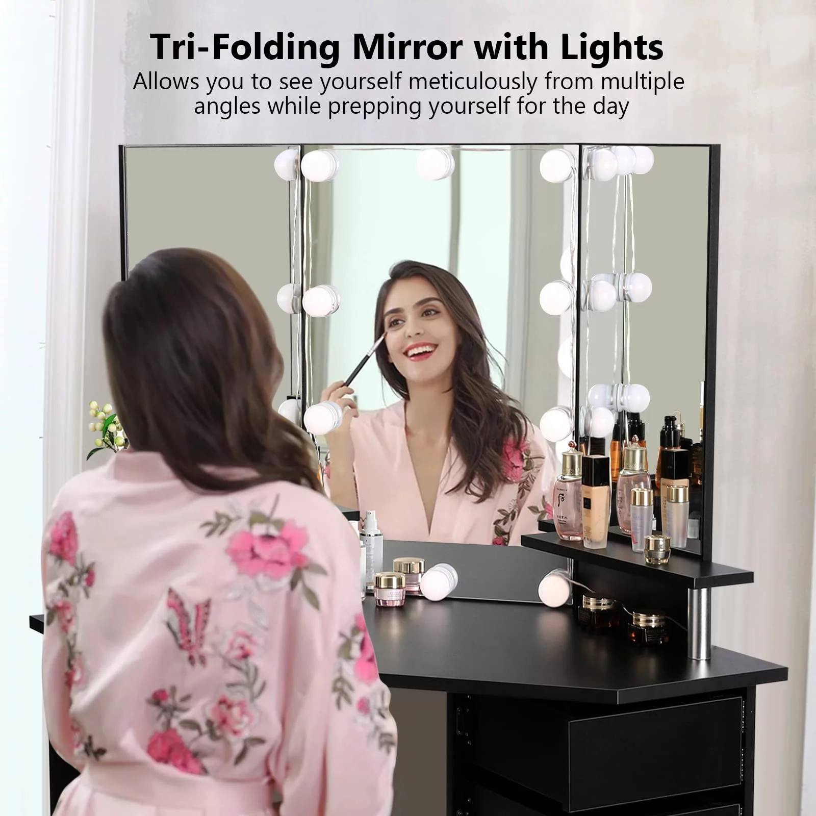 Makeup Vanity Desk with Mirror and Lights Adjustable Brightness 3 Color Modes for Bedroom Black