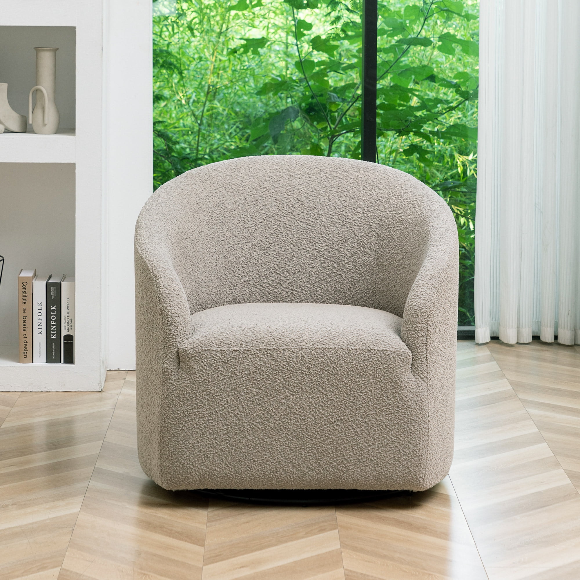 KINWELL Boucle Upholstered Swivel Barrel Chair
