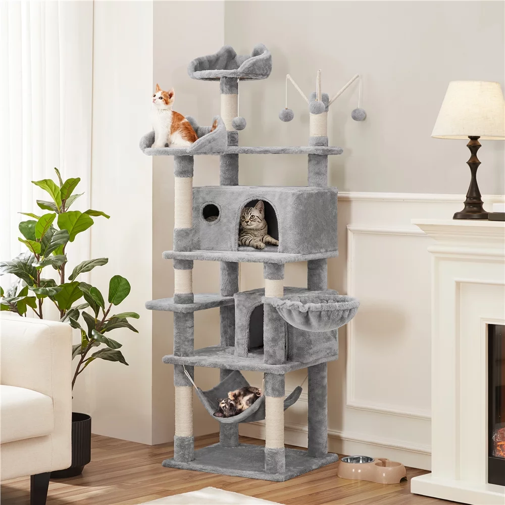 Yaheetech 67'' H Multi-Level Cat Tree Cat Tower with Condos, Light Gray