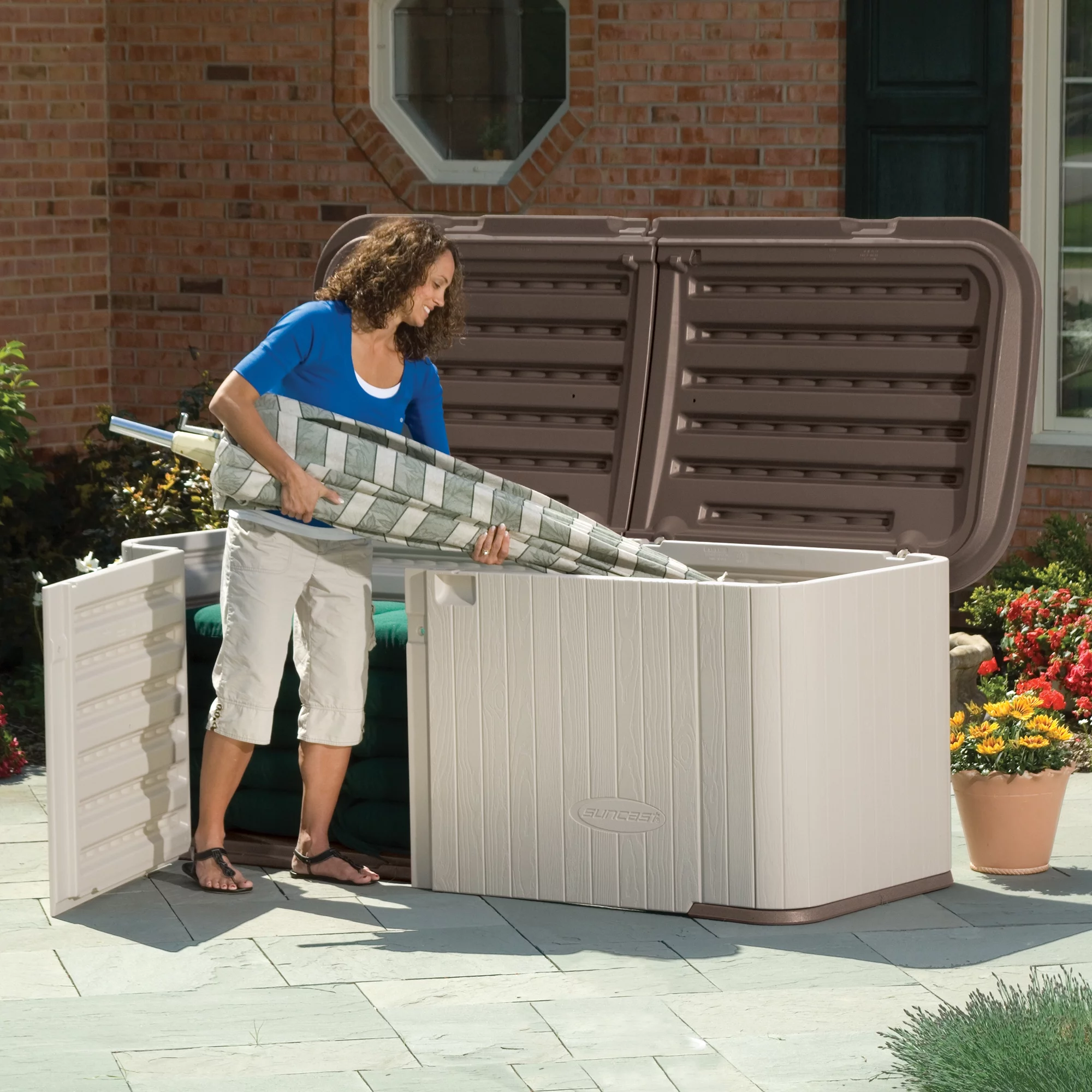 Suncast 269 Gallon Split Lid Resin Storage Shed Deck Box, Light Taupe