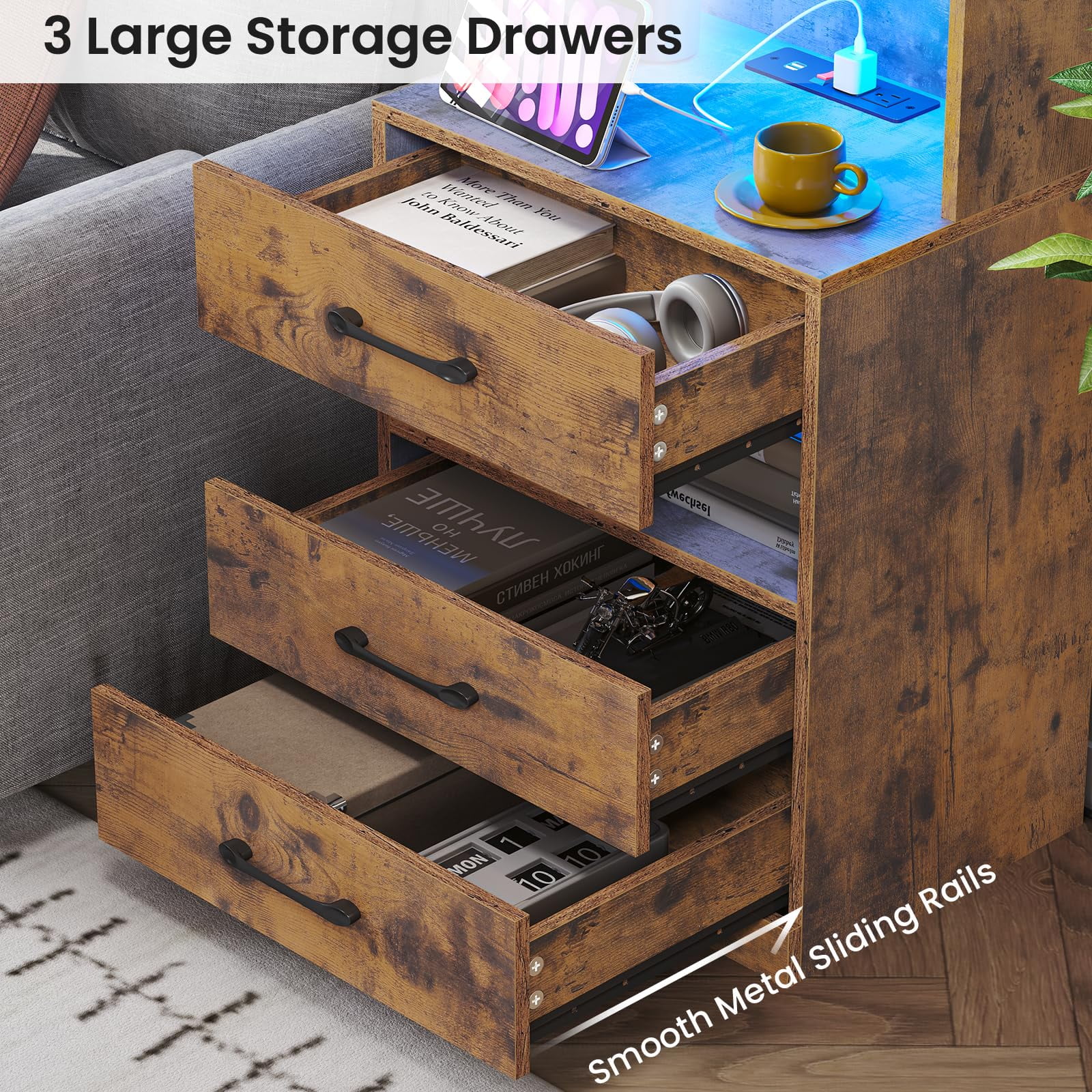 Tall Nightstand Set of 2 with Charging Station and LED Lights, Modern Bedside Table with Bookshelf and 3 Drawers, Rustic Brown
