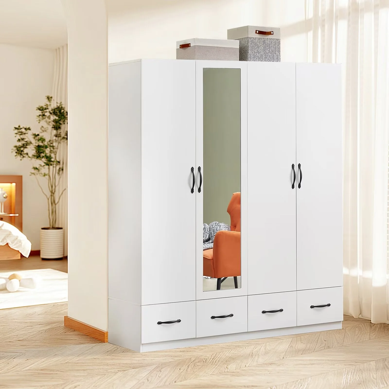 ModMakers 4-Door Wardrobe Armoire Closet | Wardrobe Storage Wood Armoire Wardrobe Cabinet w/ Mirror, 2 Hanging Rods & 4 Drawers, White