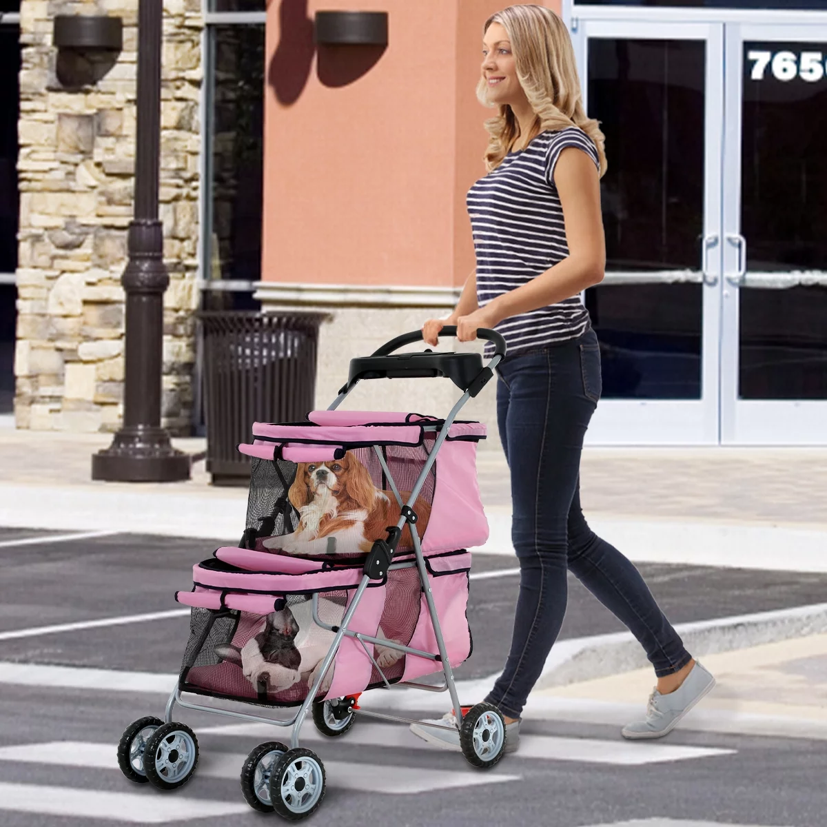 Dkelincs Double Tier Dog Stroller Cat Stroller Travel Folding Pet Stroller 4 Wheels Jogger Stroller with Removable Pad & Cup Holder, Pink