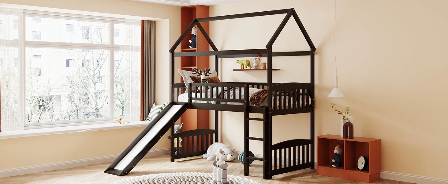 CoSoTower Twin Loft Bed with Slide, House Bed with Slide, Espresso
