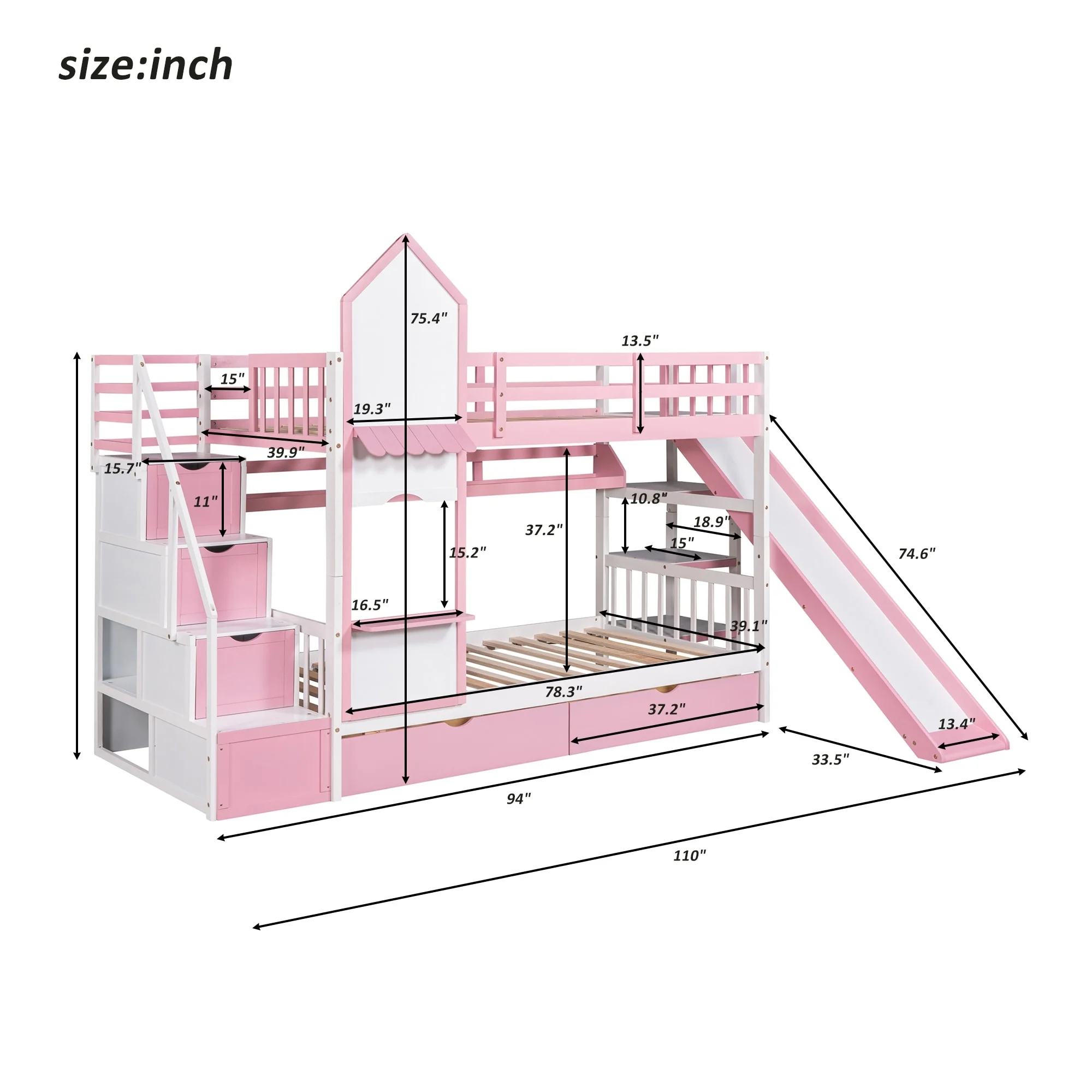 Twin Castle Style Bunk Bed with 2 Drawers, 3 Shelves and Slide, Pink