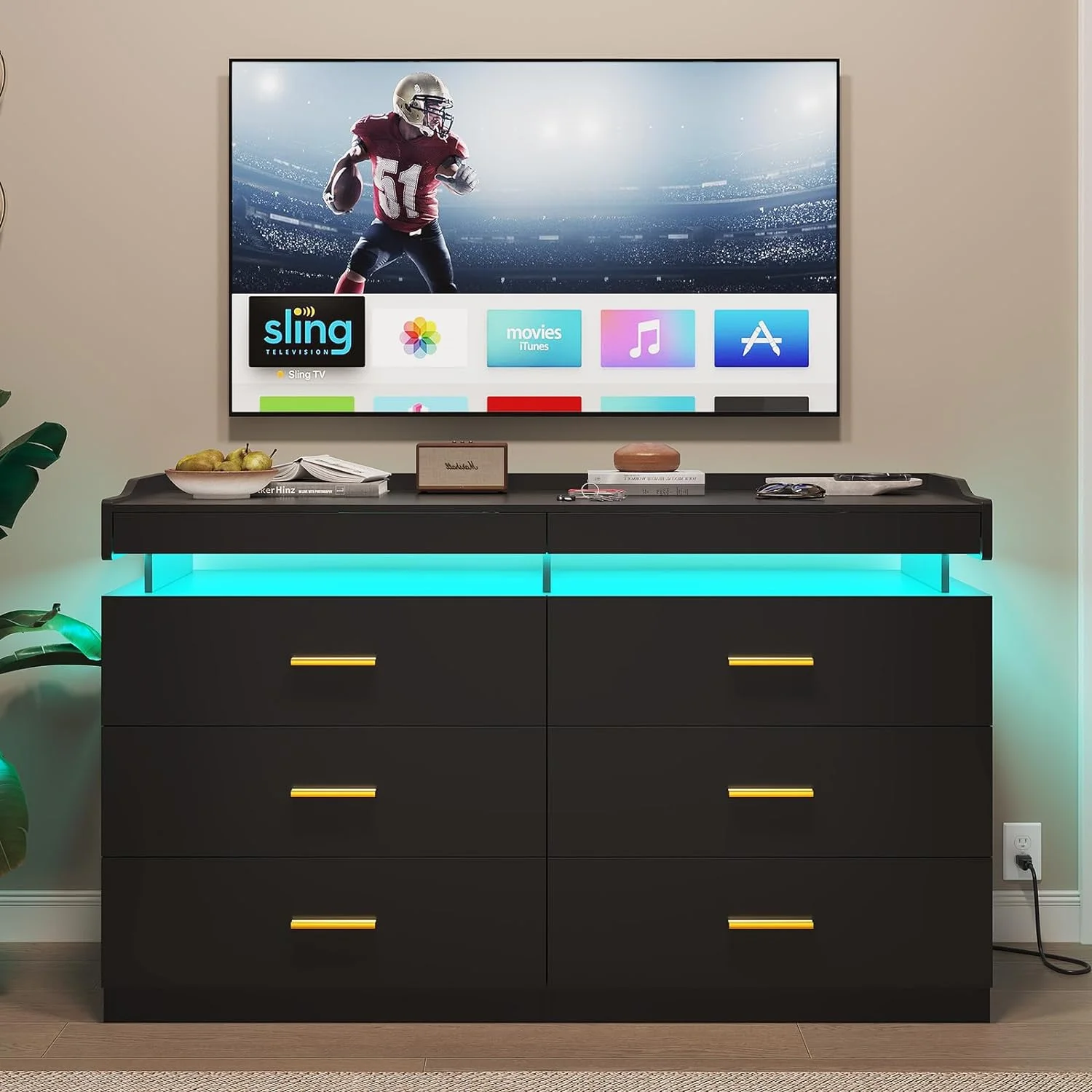 LED Dresser Black Chest of Drawers for Bedroom with 6 Drawers, Double Dresser with Pull-Out Trays for Living Room Entryway