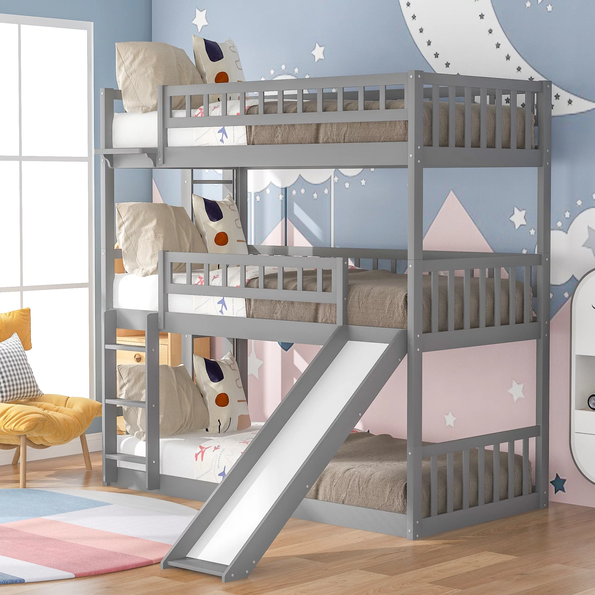Twin-Over-Twin-Over-Twin Triple Bed with Slide, Twin Bunk Bed with Fun Slide and Ladder, Wood Loft Bed Frame for Kids & Girls & Boys
