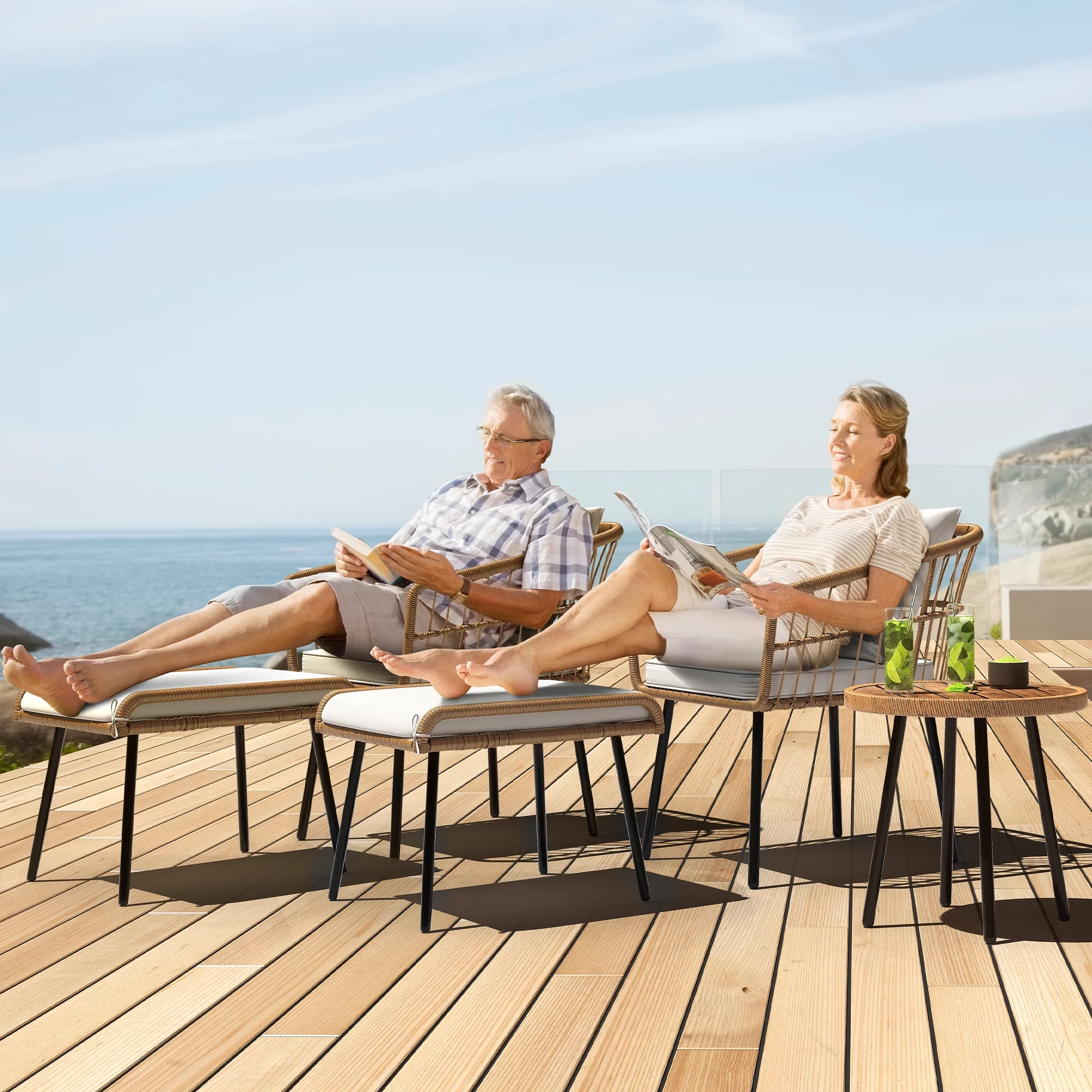 Dextrus 5-Piece Outdoor Wicker Furniture Set, 2 Outdoor Patio Chairs With 2 Ottomans and Coffee Table