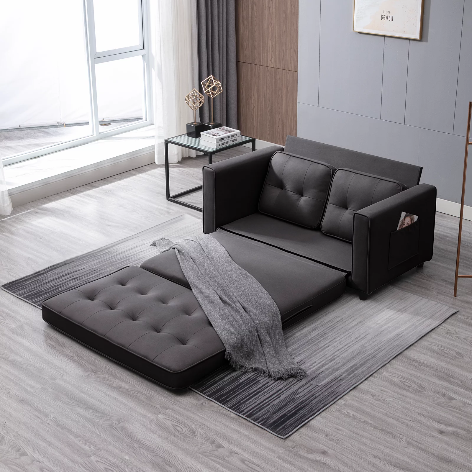 BALUS 3-in-1 Pull Out Sleeper Sofa Bed with Dual Side Pockets, Loveseat Sofa Sleeper, Dark Gray