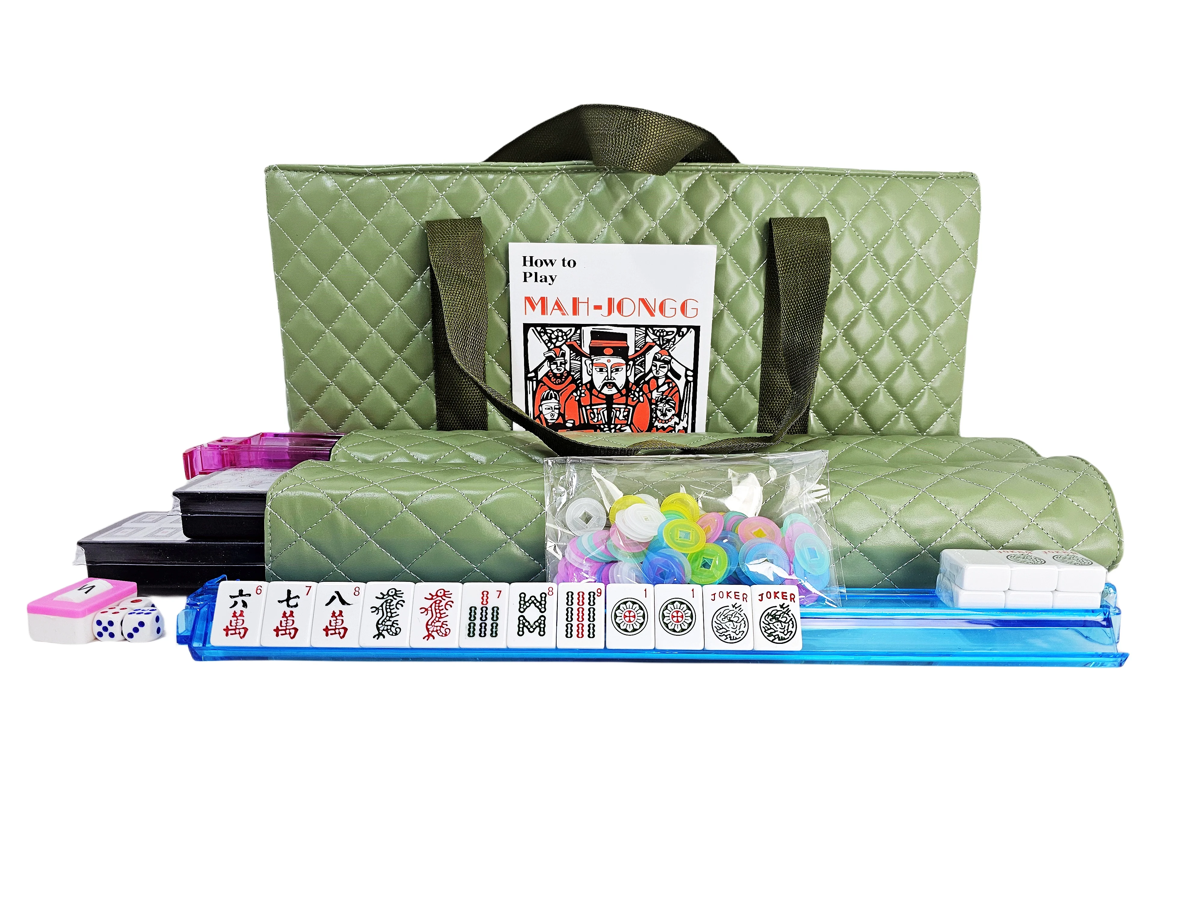 C&H Solutions American Mahjong Set,Mahjong Tiles Set,Green PU Carrying Bag,166 Premium Tiles,4 All-in-One Rack/Pushers,Western Mahjong with English Manual(Ma Jong,Mah-Jongg, Majiang)