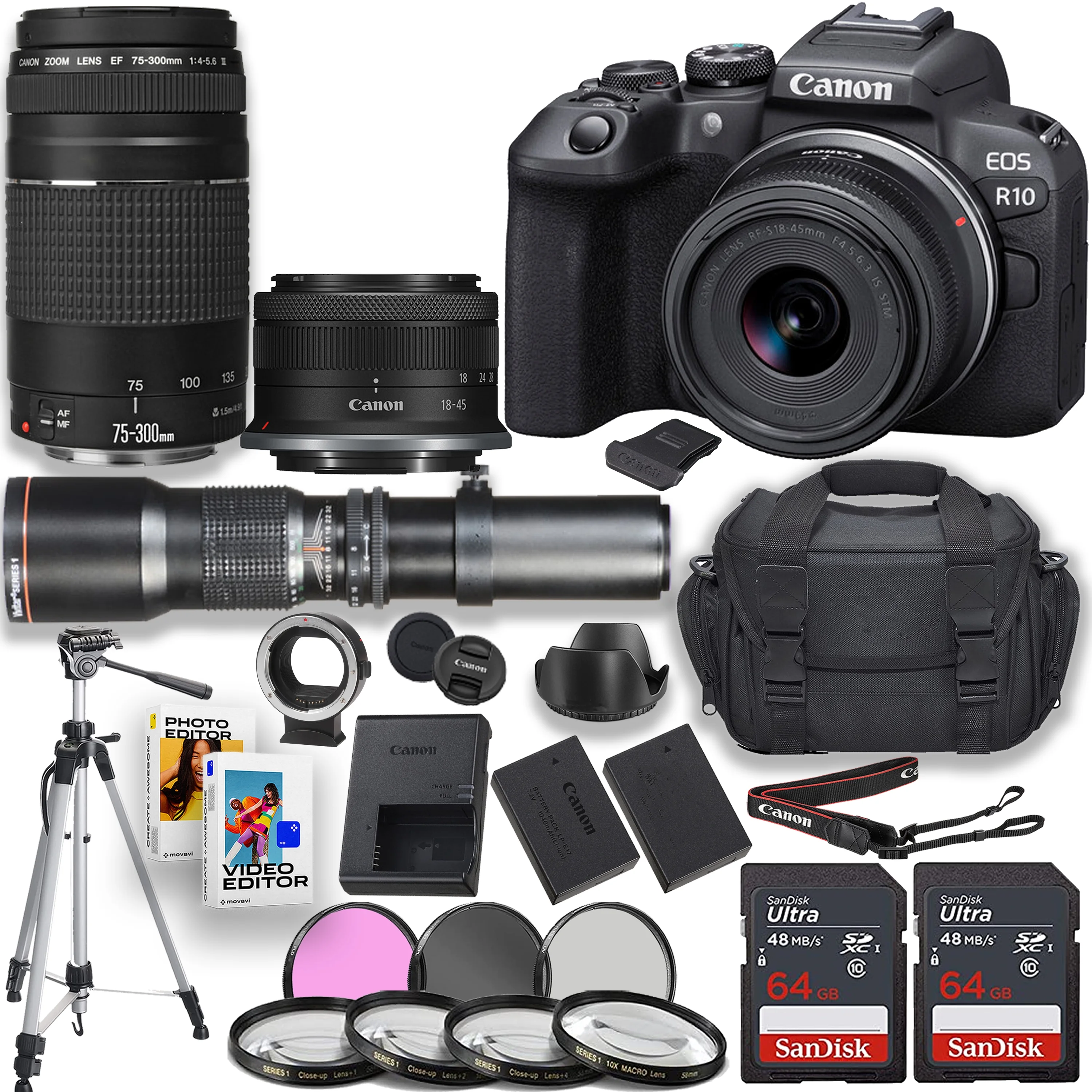 Canon EOS R10 Mirrorless Camera with Canon RF-S 18-45mm IS STM Lens + EF 75-300mm f/4-5.6 III Lens + 500mm Telephoto f/8 Lens + 2pc 64GB Memory Cards + Filters & More