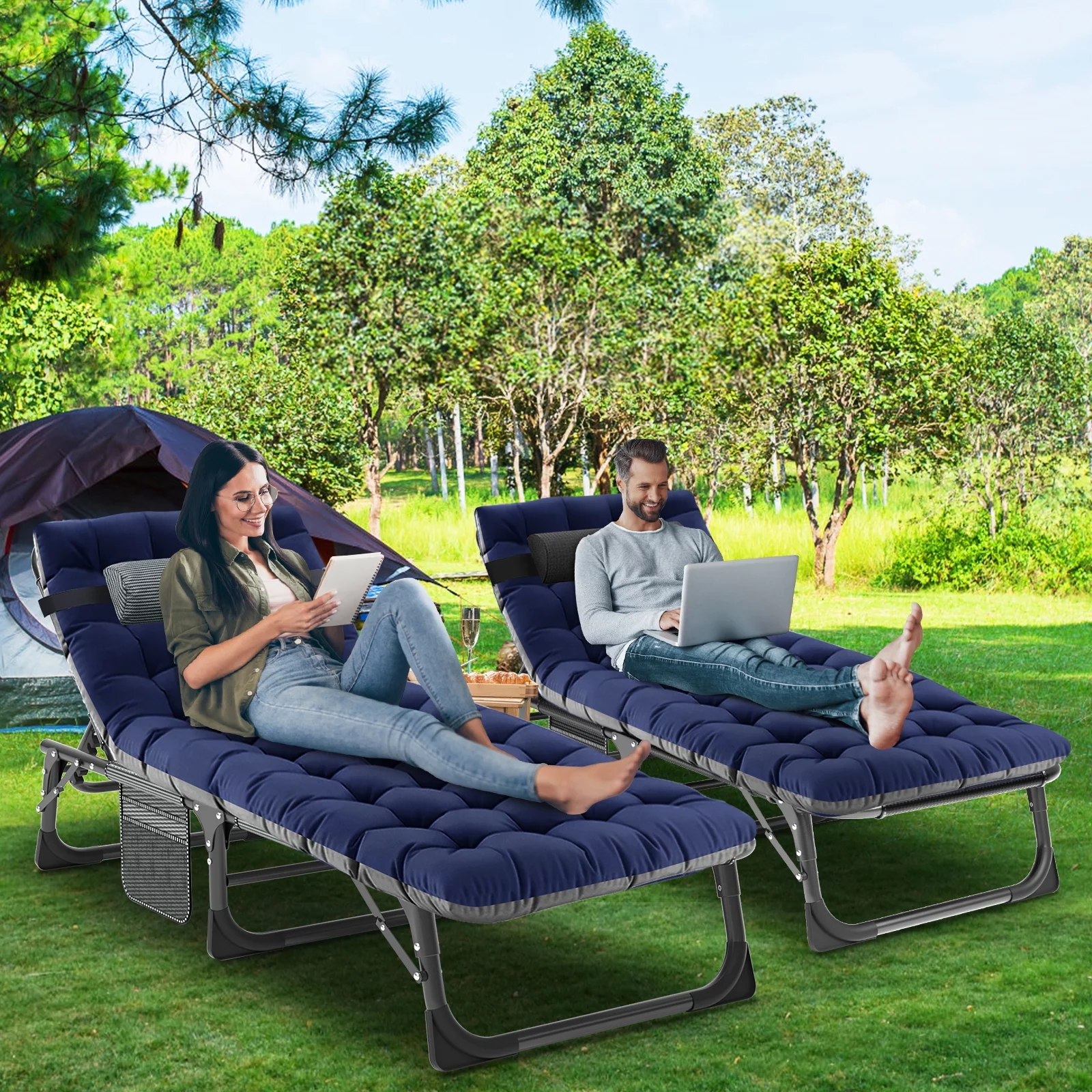 MOPHOTO Set of 2 Patio Lounge Chairs, Folding Chaise Lounge Chair 5-Position, Folding Cot, Heavy Duty Patio Chaise Lounges for Outside, Poolside, Beach, Lawn, Camping