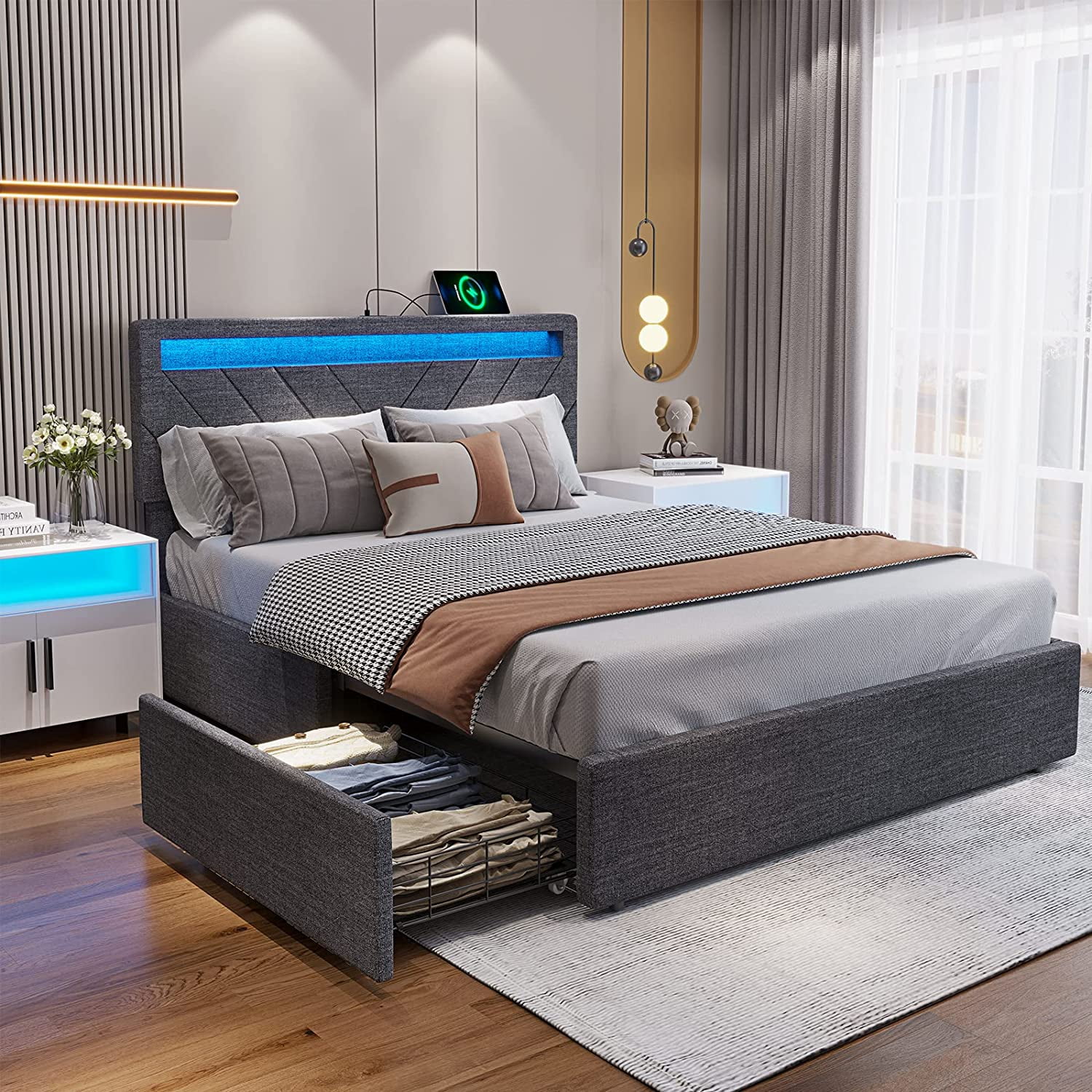 Afuhokles Queen Bed Frame with LED Lights Headboard, 4 Drawers,2 USB Charging Station, Upholstered Platform Bed, Dark Gray