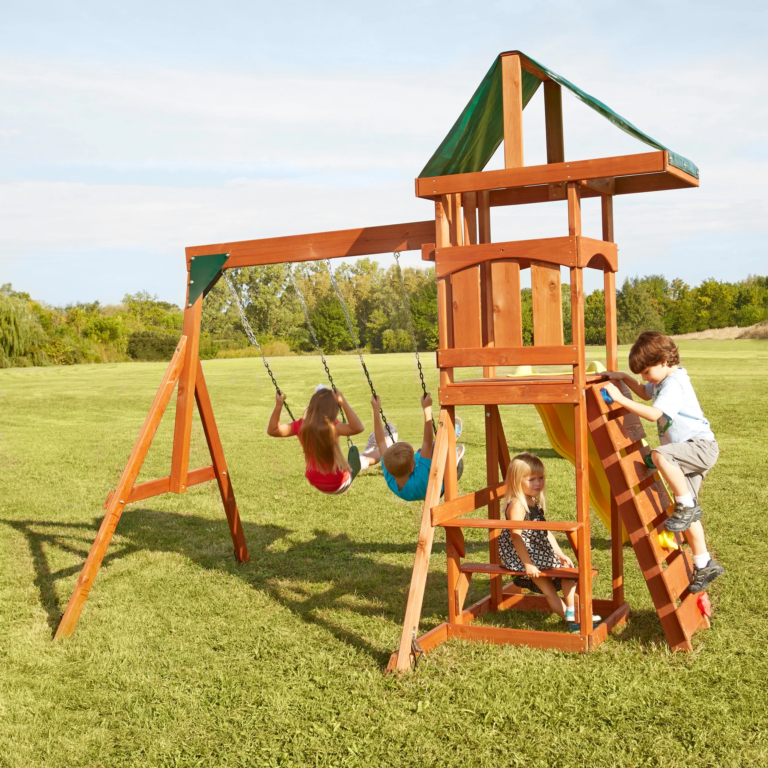 Swing-N-Slide Scrambler Wooden Backyard Play Set With Slide, Climbing Wall, and Swings