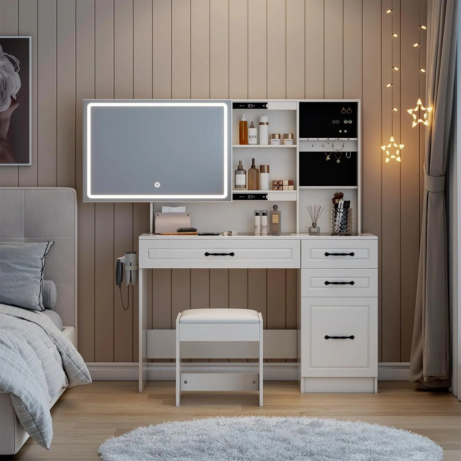 AMERLIFE Makeup Vanity Table Set with Sliding & LED Lighted Mirror, 45