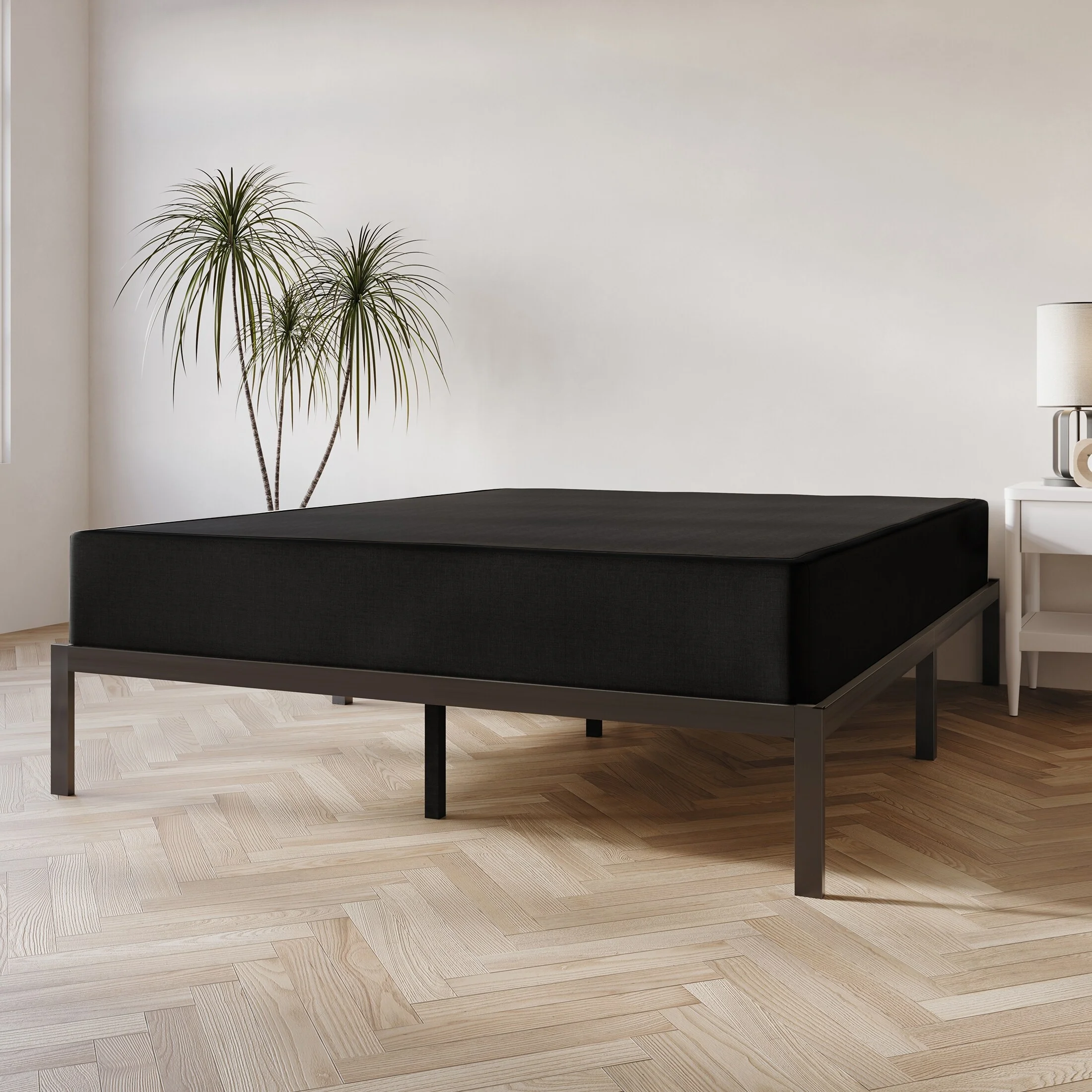 CraftPorch  Solid Wood 8-Inch Box Spring Foundation with Wood Slats with Black Linen Cover Twin