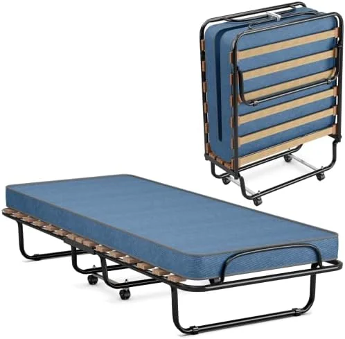 YZboomLife Folding Rollaway Bed with Mattress  Foldable Bed with Memory Foam Mattress for Adults  Portable Fold Up Guest Bed with Sturdy Steel Frame on Wheels for Home & Office  Made