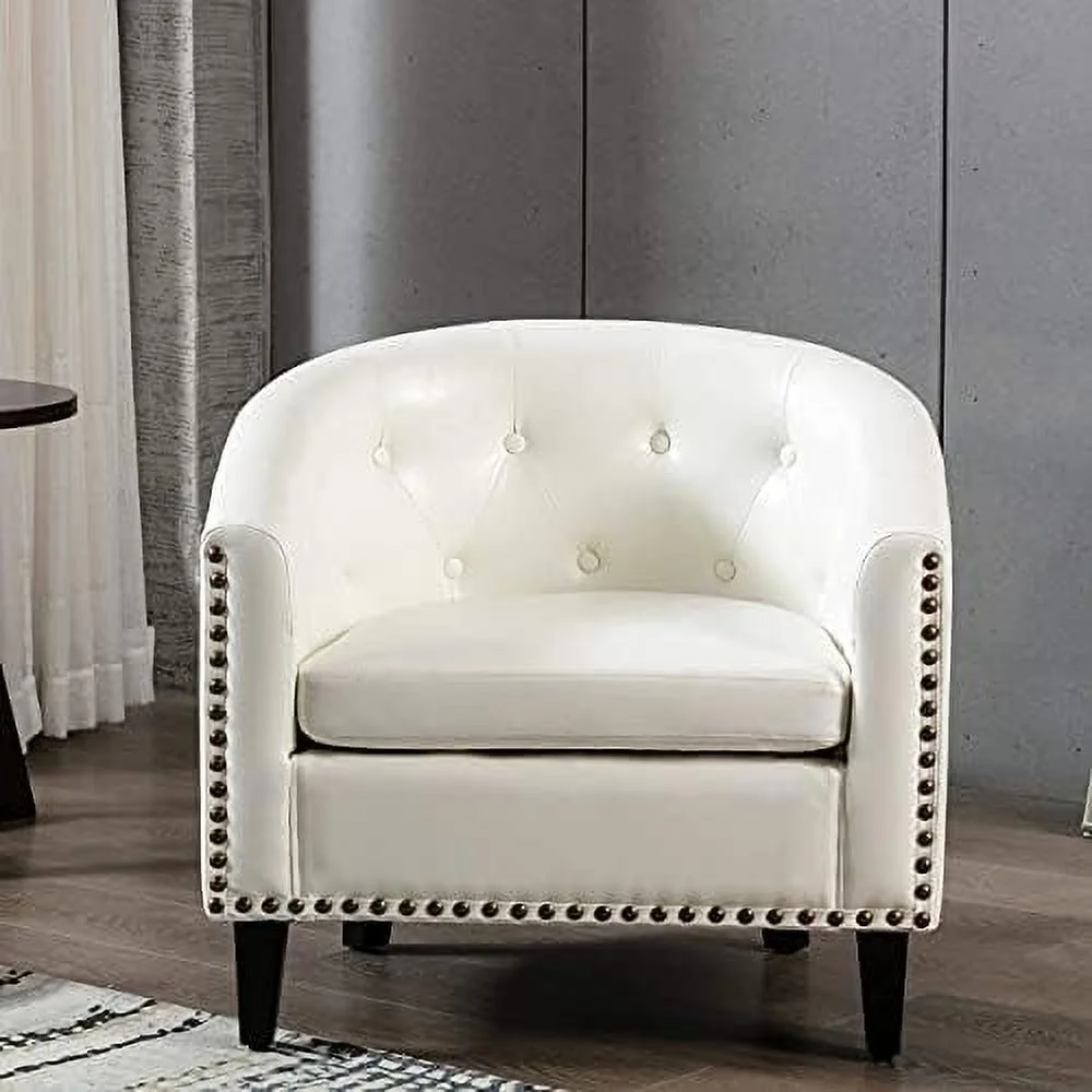 JDZHAPPYLIFE Armchair Barrel Club Chair Modern Line Fabric Accent Chair Arm Club Chair w/Nailheads and Solid Wood Legs Tub Barrel Style Lounge Chair for Living Room Bedroom Reception Room