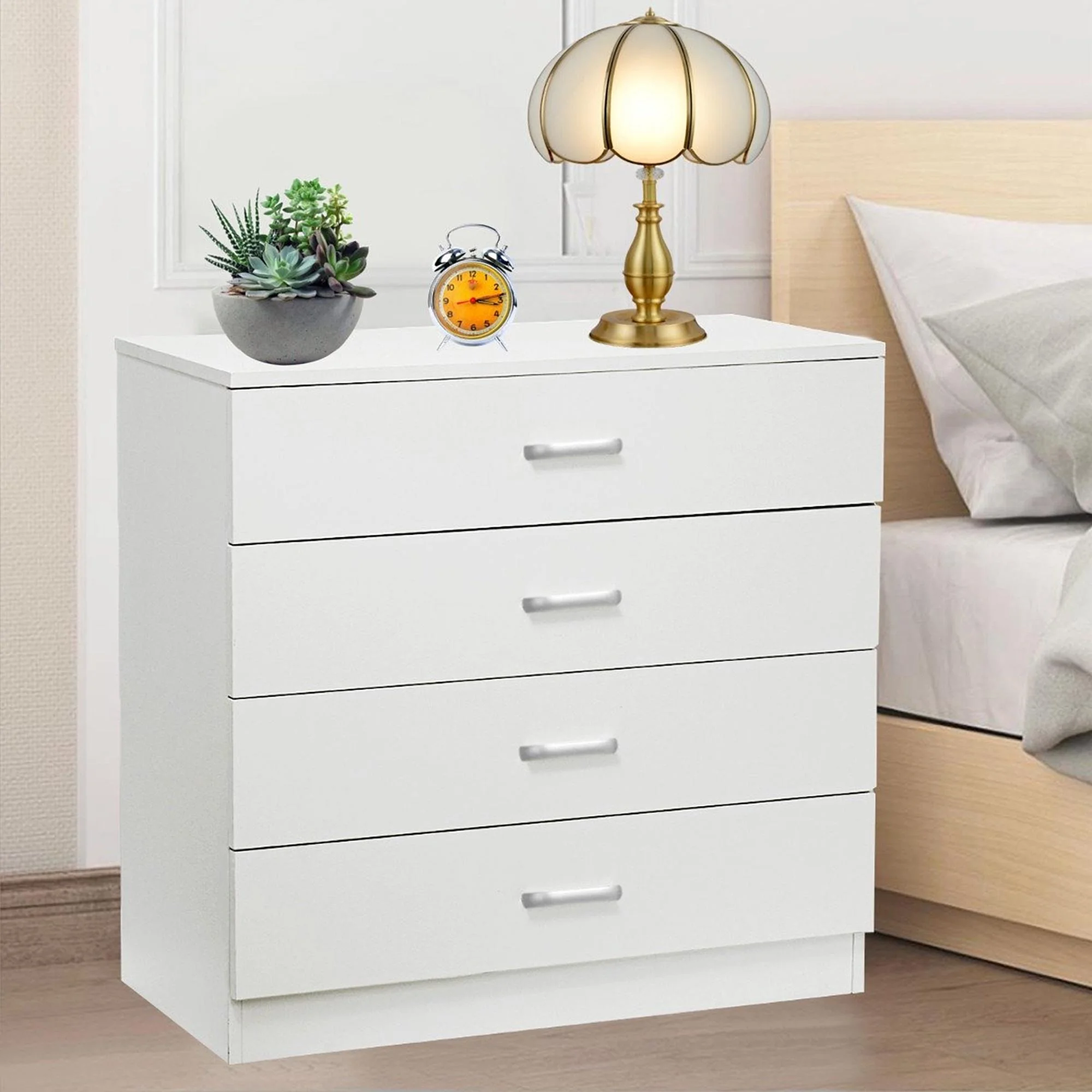 Glavbiku Modern Wood 4 Drawer Nightstand Dresser,Storage Cabinet for Bedroom,White,Adult,28.7