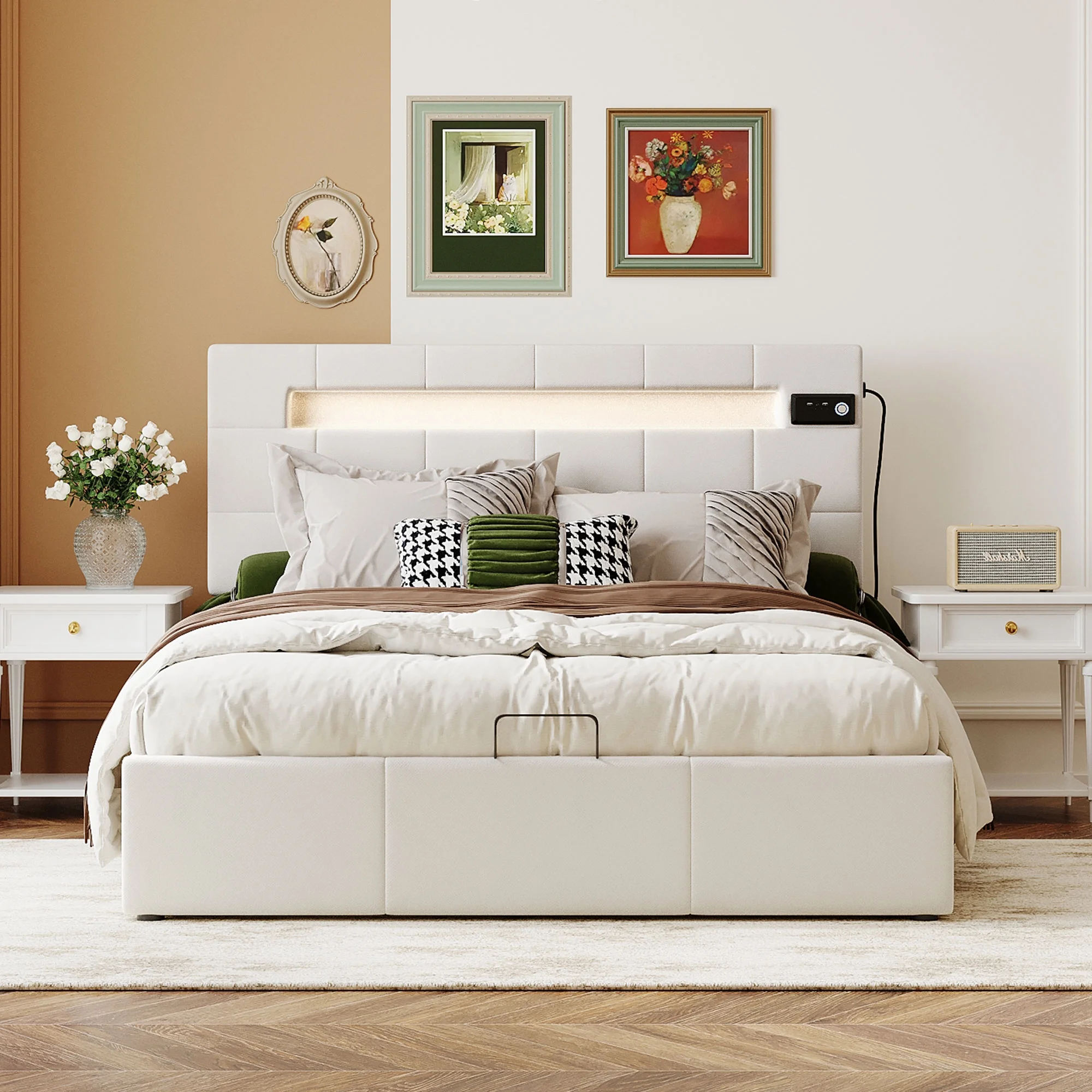 Churanty Full Size Upholstered Bed with LED Light and Integrated Bluetooth Audio System, Modern Platform Bed with Hydraulic Storage System and USB Port, Velvet , Beige