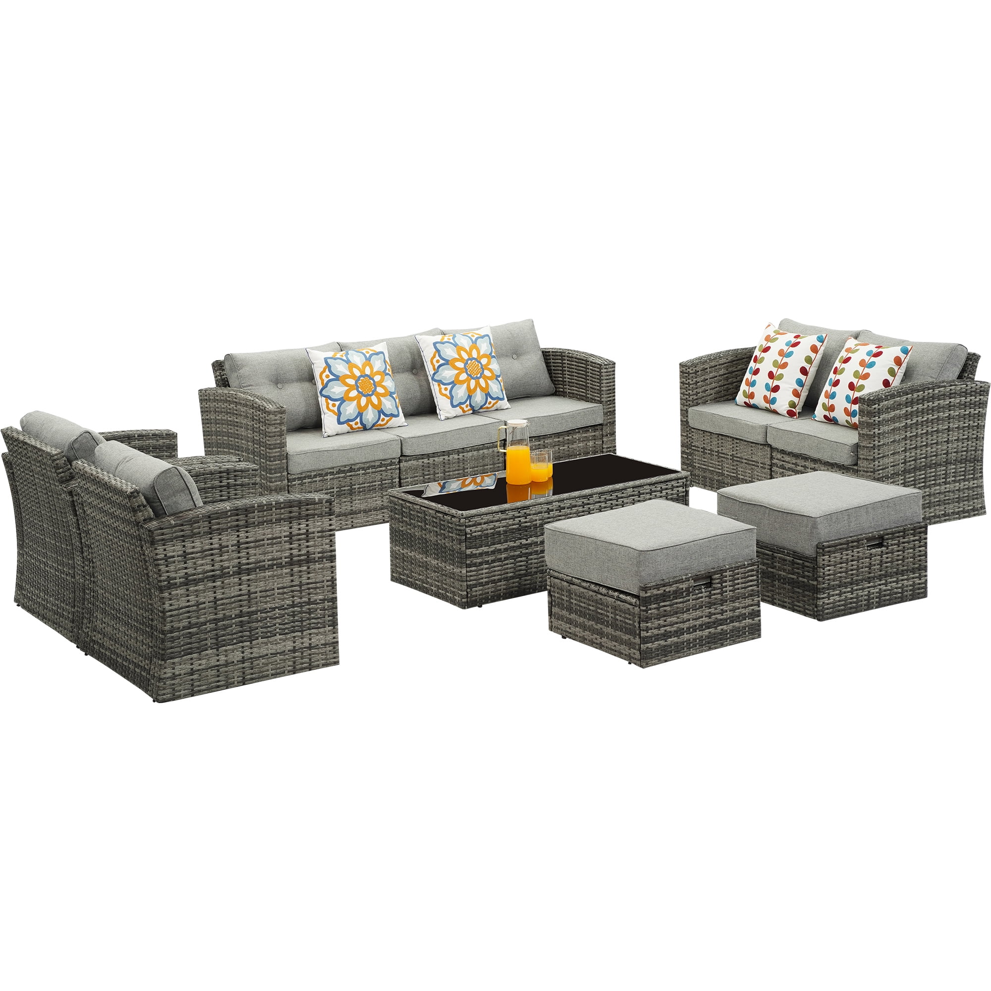 Superjoe 10 Pcs Outdoor Wicker Patio Furniture Set Aluminum Frame Patio Sectional Sofa with Coffee Table,Gray