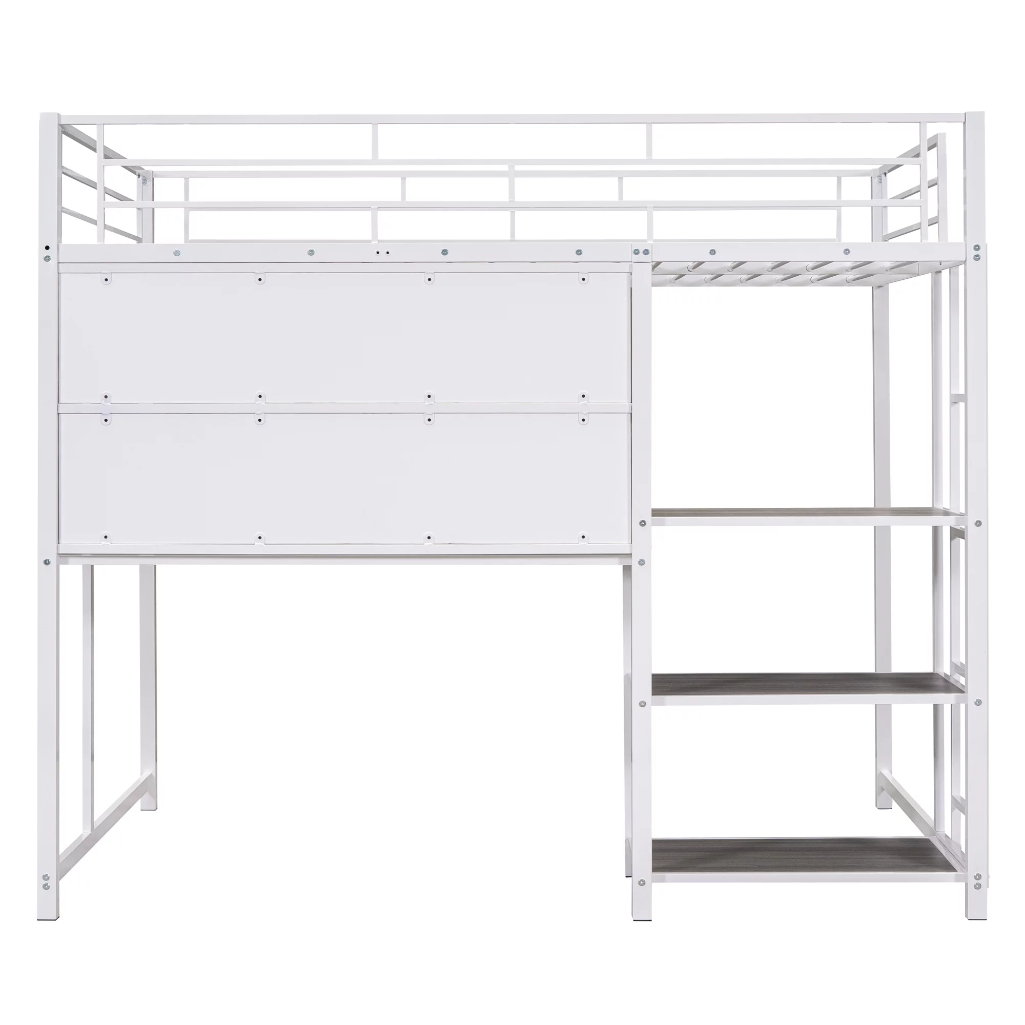 Sesslife Loft Bed for Kids, Full Size Loft Bed Frame with Desk and Whiteboard, Modern Metal Loft Bed with 3 Shelves and Ladder, White