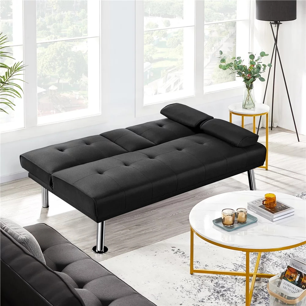 Topeakmart Convertible Futon Sofa Bed Tufted Fabric Futon Couch Bed with 2 Cup Holders, Black