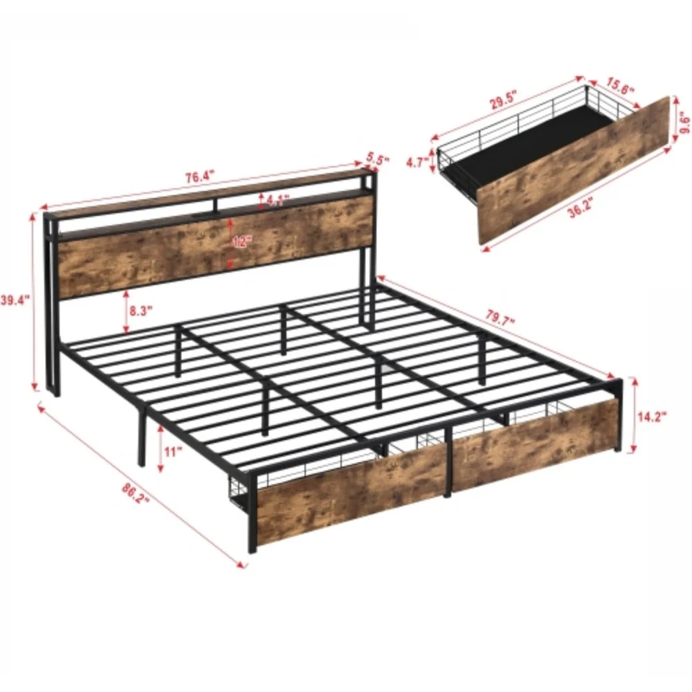 King Bed Frame, Storage Headboard with Charging Station, Solid and Stable, Noise Free, No Box Spring Needed, Easy Assembly  Antique brown + Metal & Wood + Bedroom + King + Bed Frame + Metal