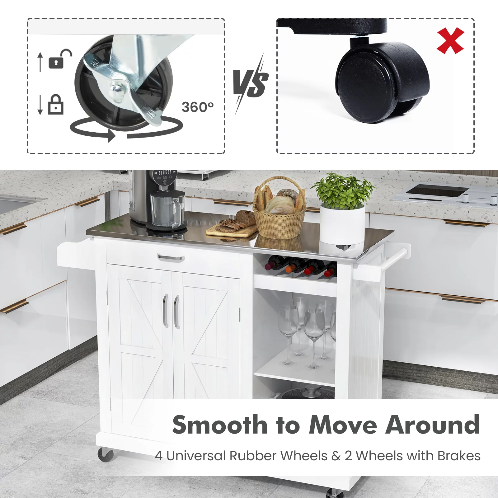 Rolling Kitchen Island Cart with Stainless Steel Top and Wine Rack, Kitchen Island on Wheels with Drawer & Open Shelves & Spice Rack(White-Stainless Top)