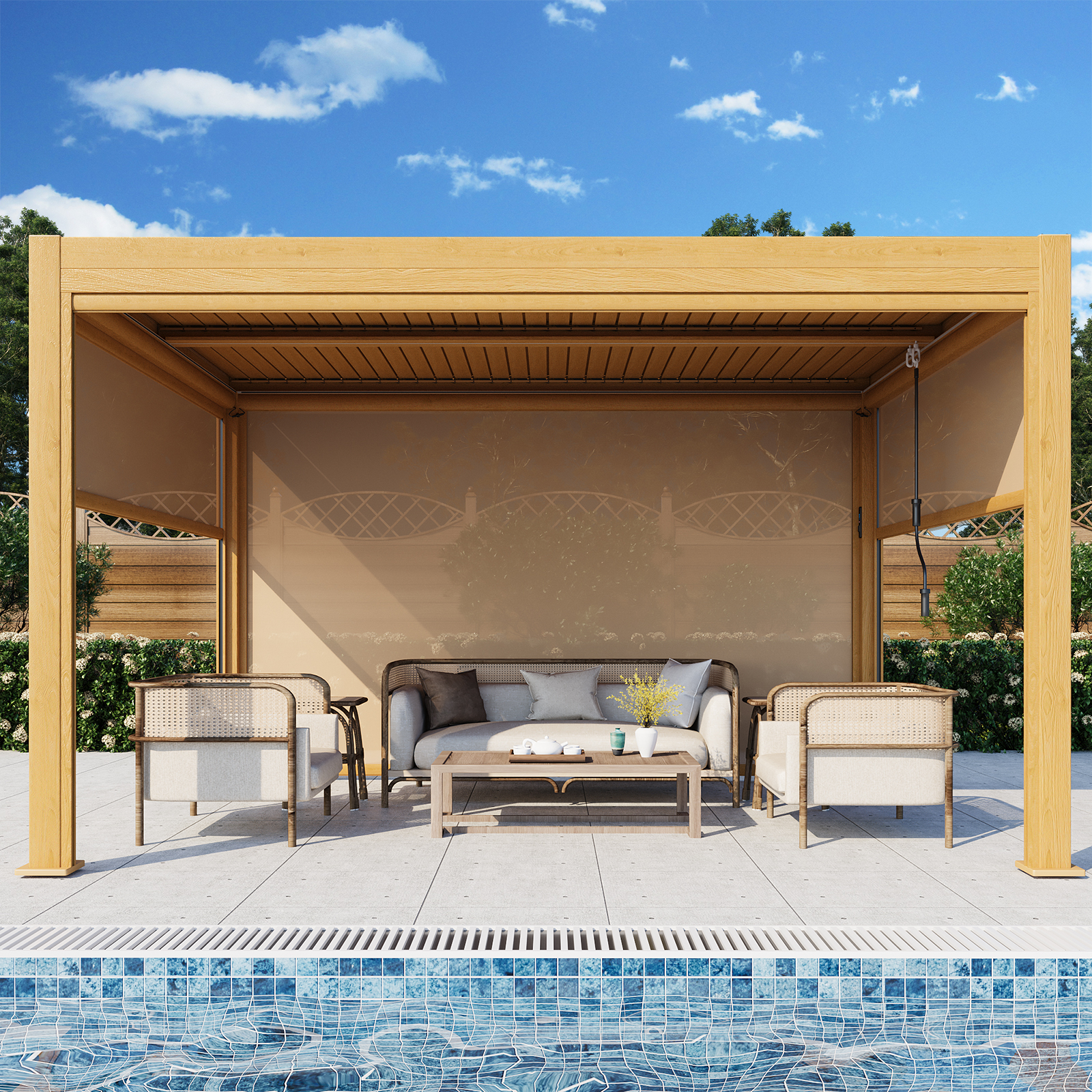 Richryce 10 ft. x 13 ft. Outdoor Louvered Pergola, Patio Pergola with with Auto Adjustable Aluminum Rainproof Roof， Wood