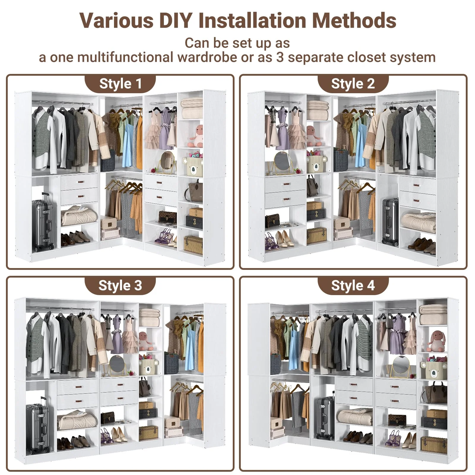 Homieasy Freestanding Closet System with 3 Sets, 110'' Reversible Stand-alone Wardrobe, 80'' Height Cloth Garment Organizer, Walk-in Closet with Hanging Rod, 71