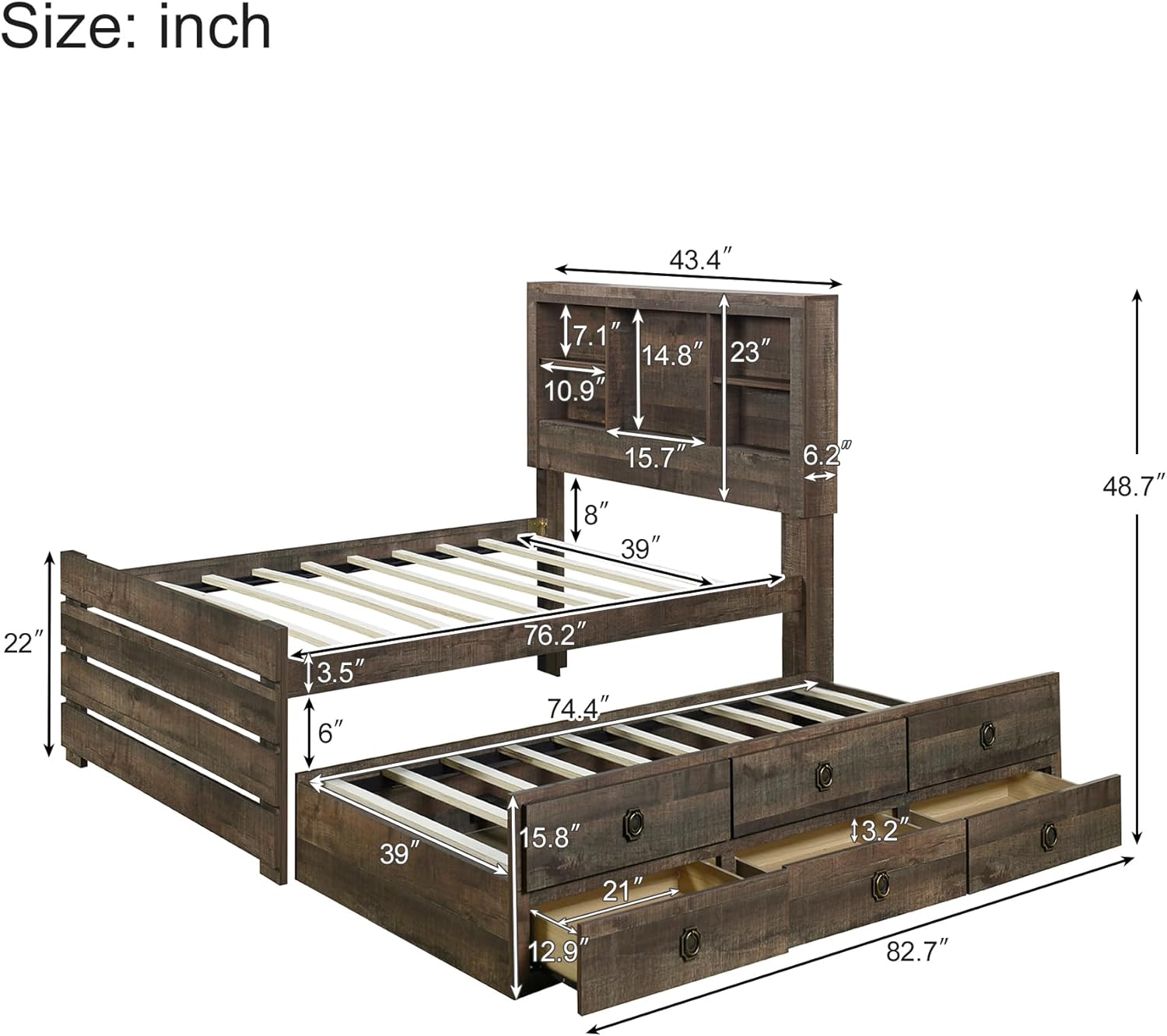 Farmhouse Style Twin Size Captain Platform Bed with Trundle,Wooden Bookcase Bedframe with 3 Spacious Under Bed Drawers in Casual for Bedroom/Guestroom