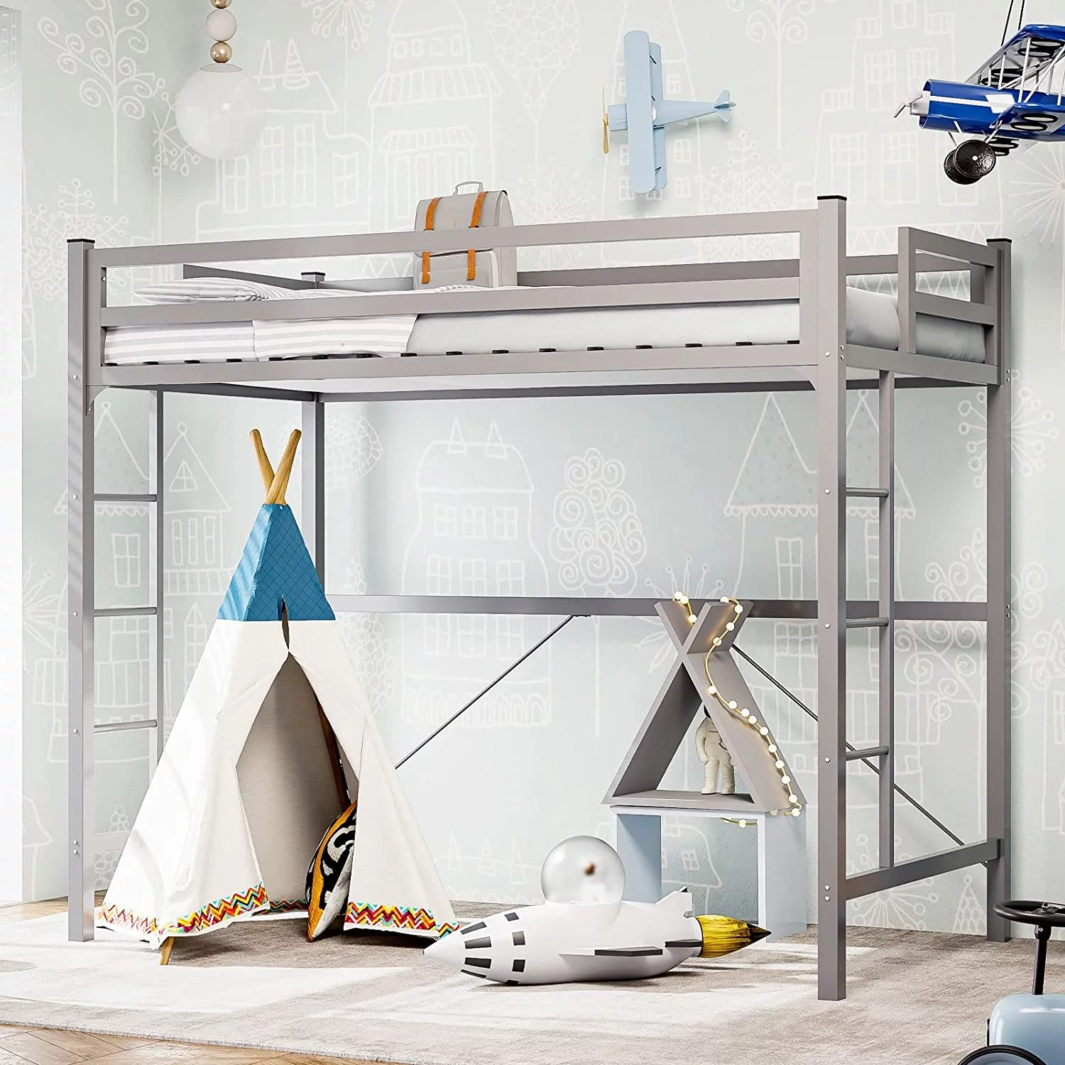 IKIFLY Metal Twin Size Loft Bed Frame - Heavy Duty Junior Loft Beds with 2 Ladders & Safety Guard Rail, Space-Saving, Noise Free, for Kids / Adults / Teens - Silver Grey