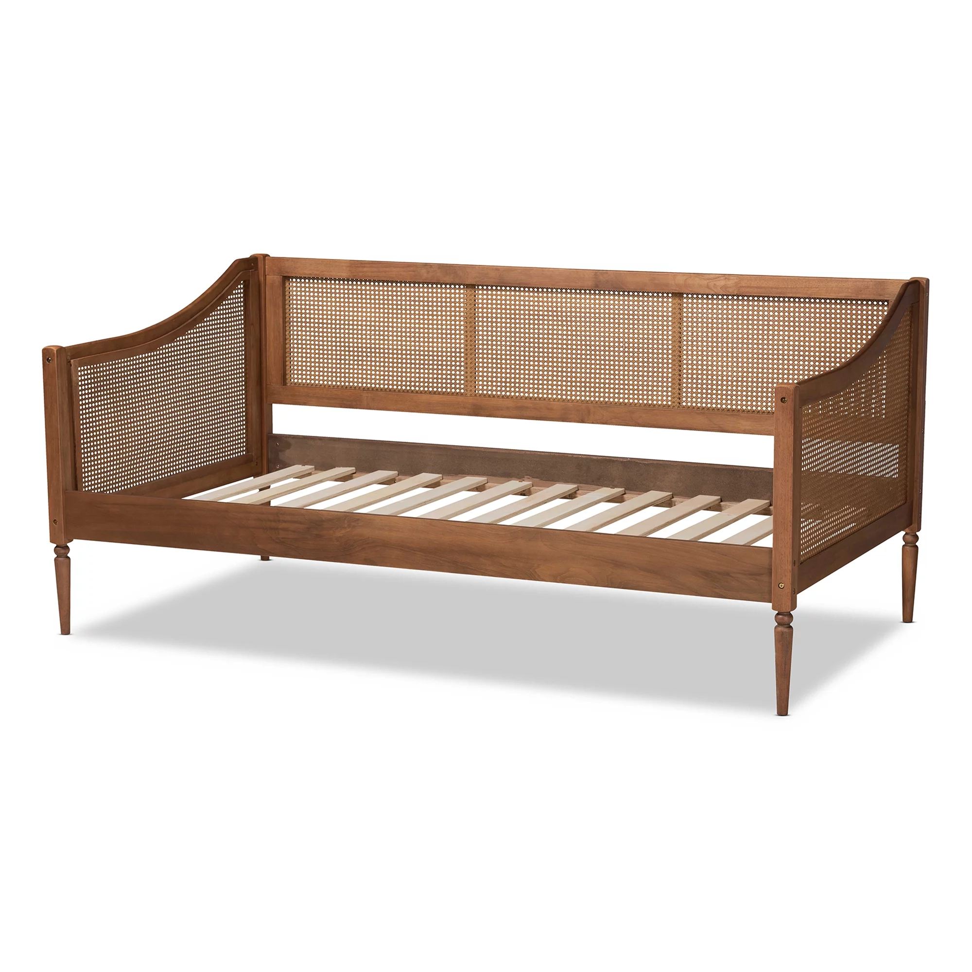 Baxton Studio Ogden Mid-Century Modern Walnut Brown Finished Wood and Synthetic Rattan Twin Size Daybed
