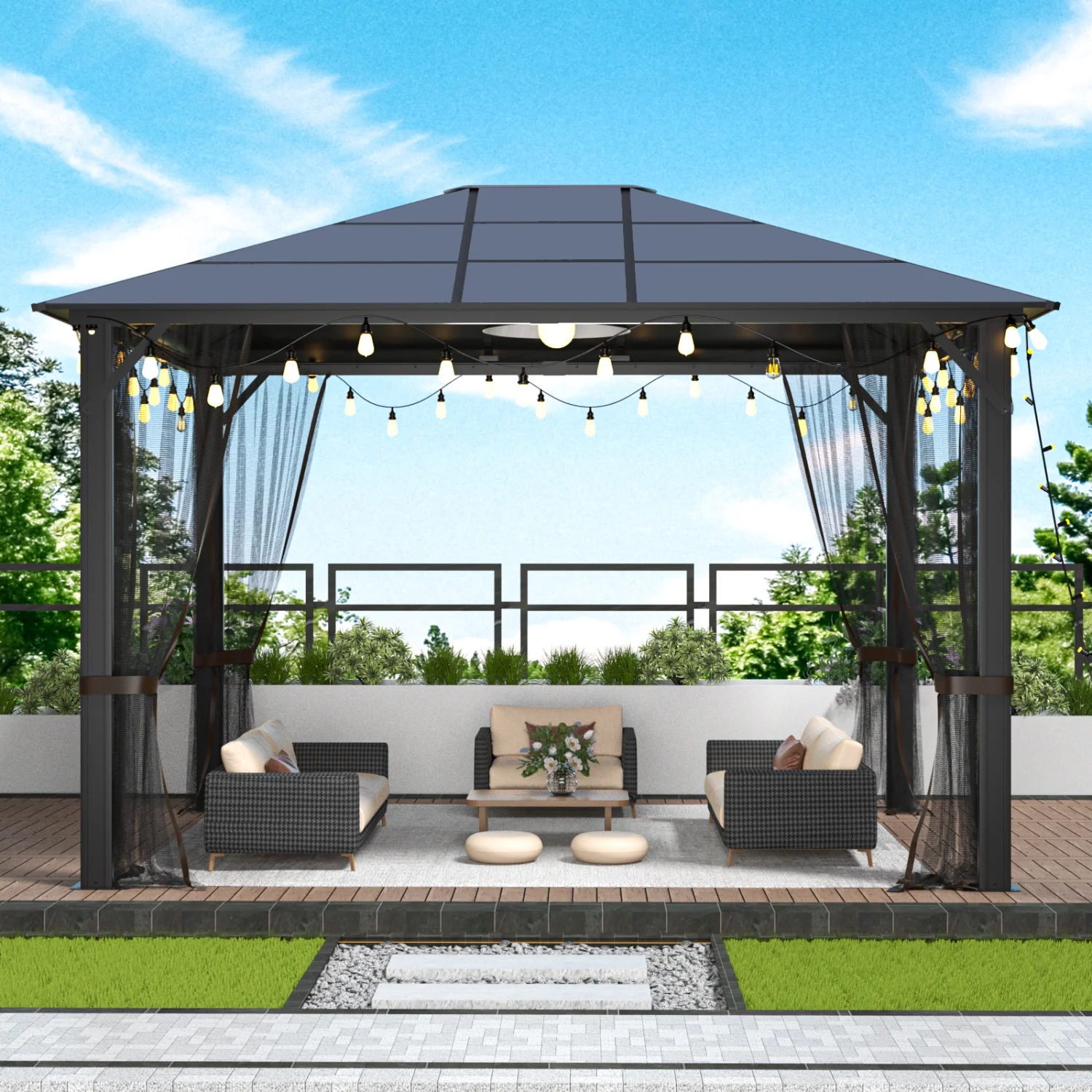 10x12 Hardtop Metal Gazebo Heavy Duty Pergola with Mosquito Nets Galvanized Steel&Polycarbonate Roof Sturdy Outdoor Canopies Tent Suitable for Gardens Patio Backyard