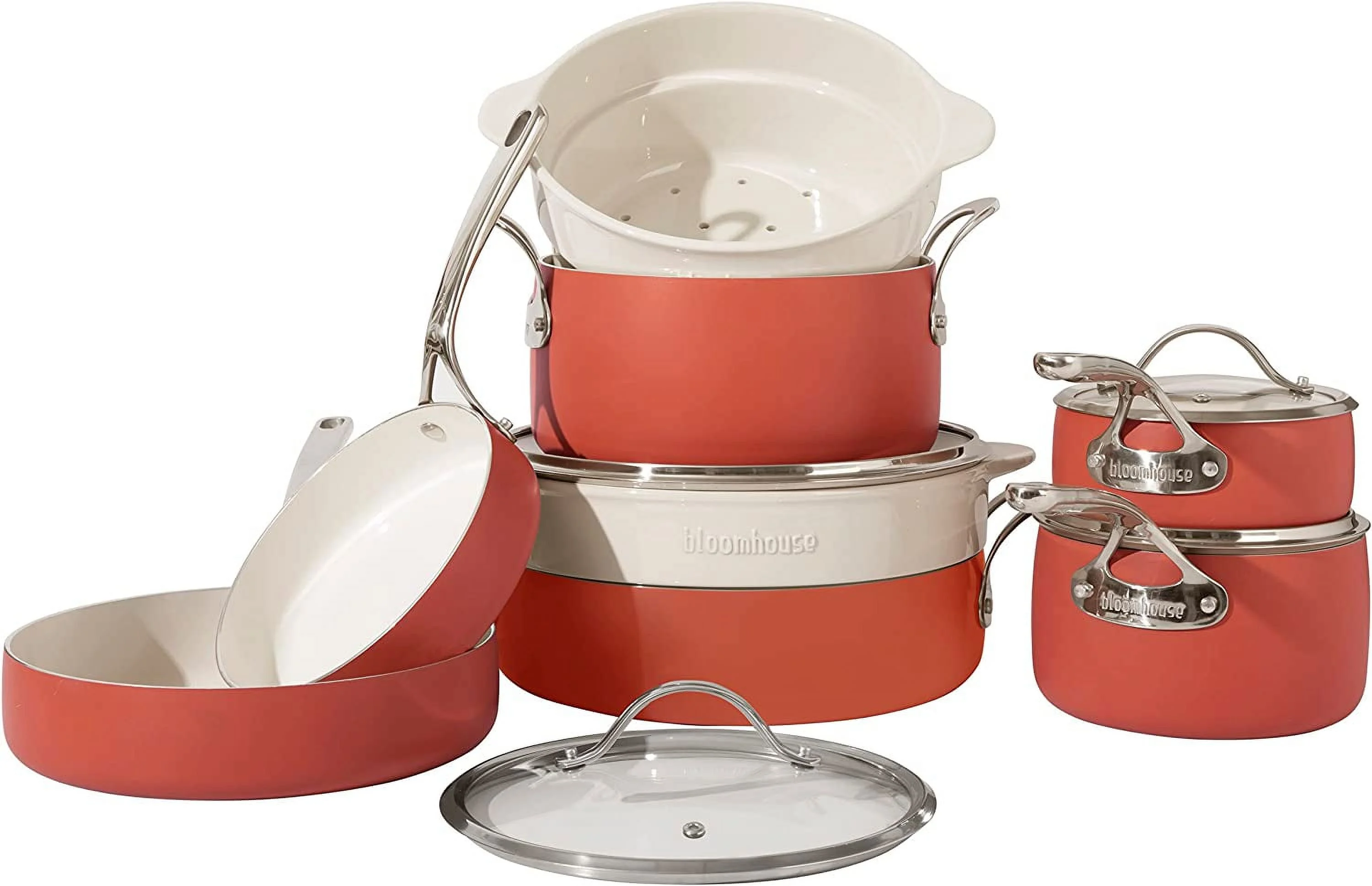 - Oprah's Favorite Things -12 Piece Aluminum Enamel Cookware Set w/ Non-stick Non-toxic Ceramic Interior  Ceramic Steamer Insert  & 12 Protective Care Bags - Terracotta Orange