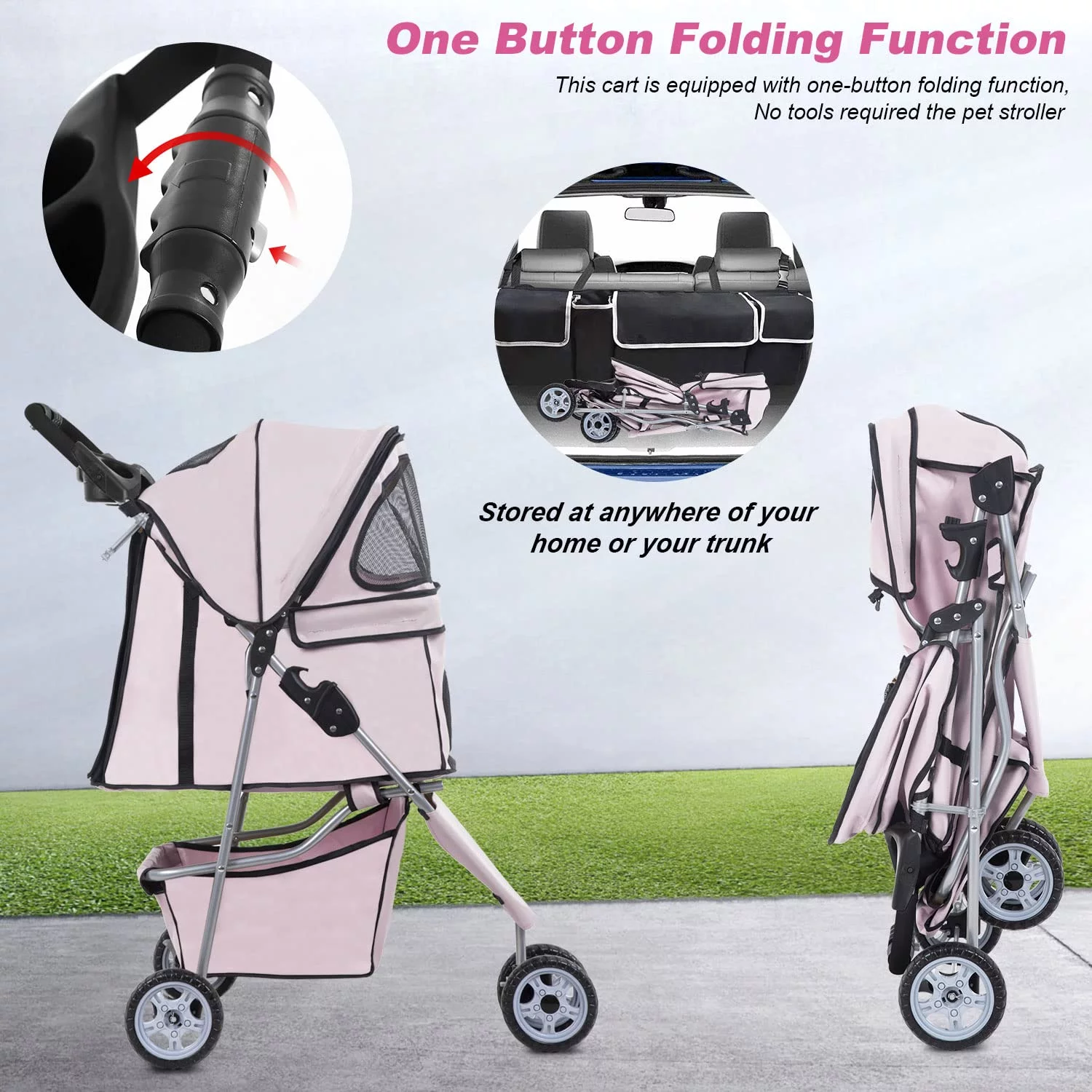BestPet 3 Wheels Pet Stroller Dog Cat Stroller Folding Carrier Waterproof with Cup Holder (Light Pink)