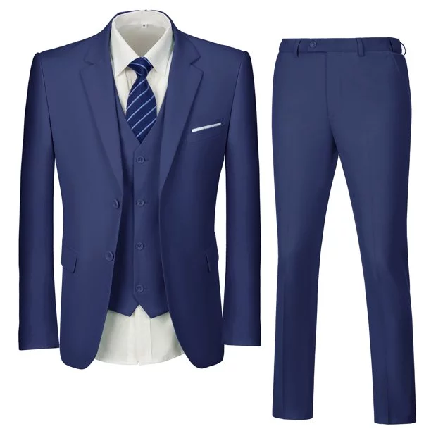 MOSEDOU Mens Suits Set Slim Fit Men 3 Piece Dress Suit Prom Blazer Wedding Formal Jacket & Vest & Pants Navy Blue XS