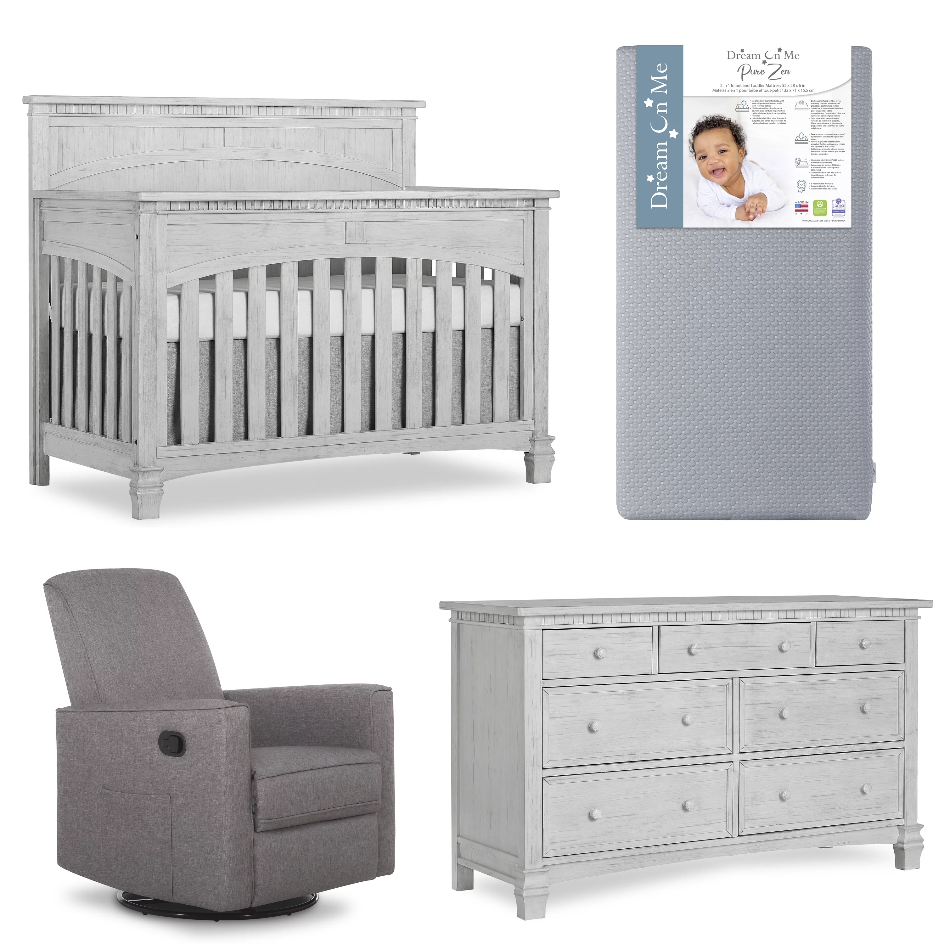 Evolur Nursery Essentials Bundle of Santa Fe 5-in-1 Convertible Crib, Santa Fe Double Dresser & Raleigh Basic Glider, with a Premium Dream On Me Crib Mattress