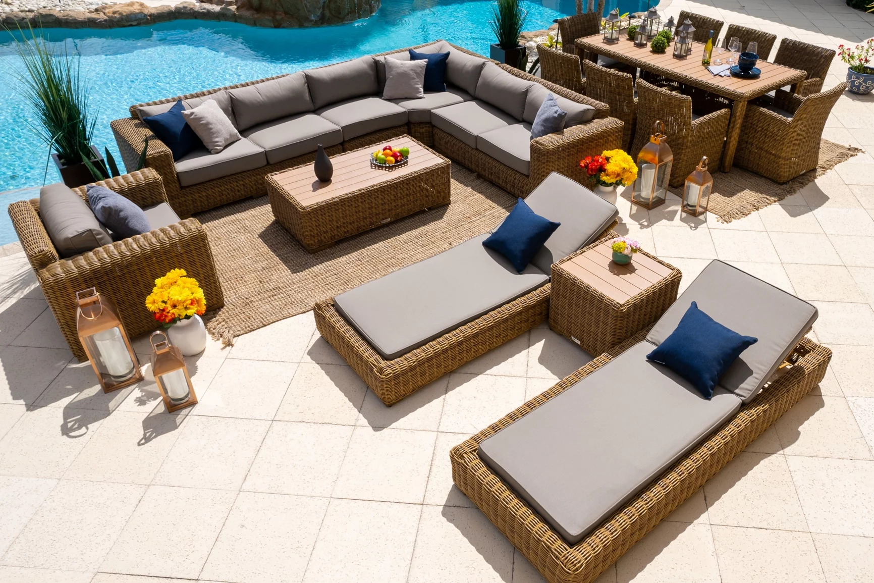 Malmo 18-Piece Resin Wicker Outdoor Patio Furniture Combination Set in Natural W/ Sectional Set, Eight-Seat Dining Set, and Chaise Lounge Set (Full-Round Natural Wicker, Sunbrella Canvas Taupe)