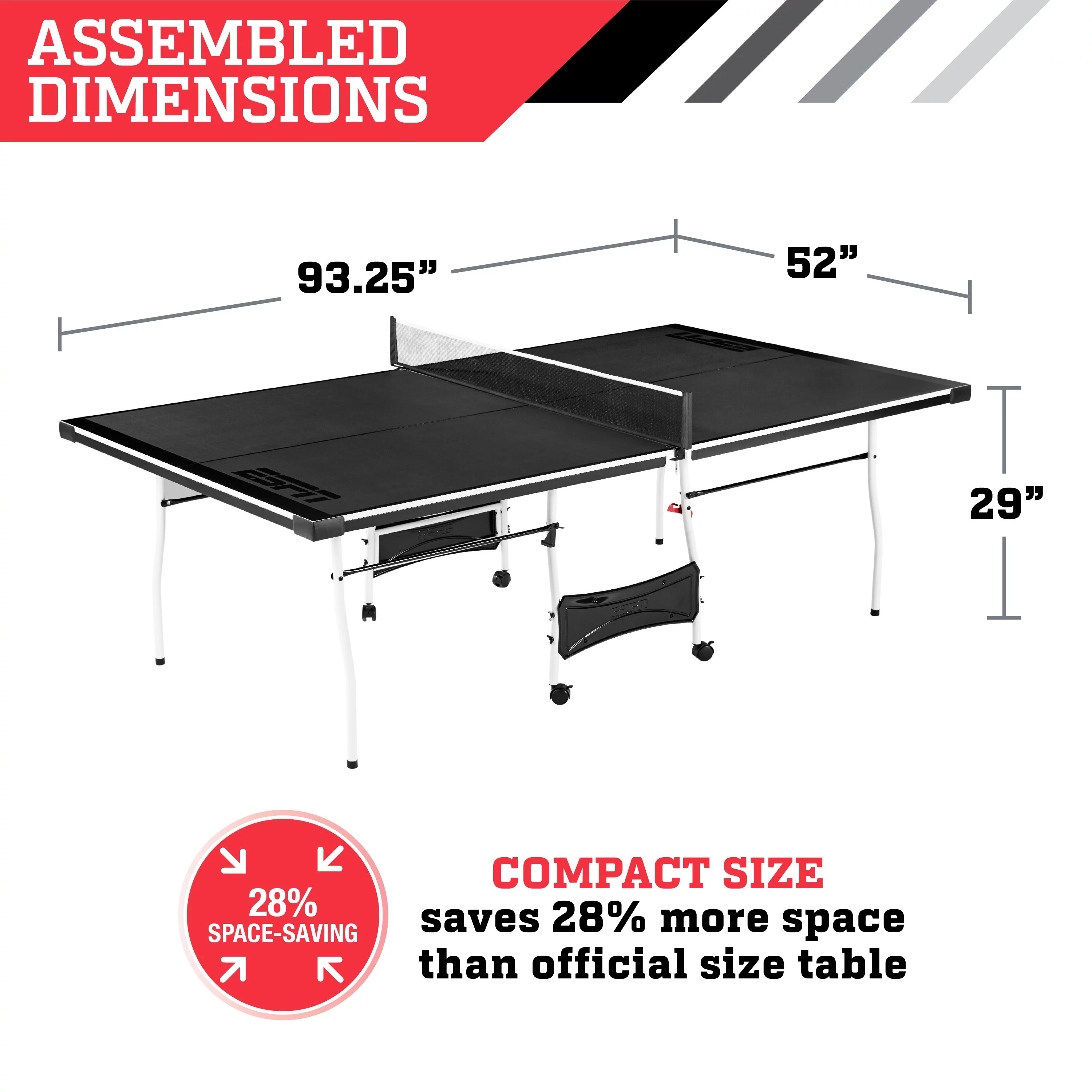 ESPN Mid Size 15mm 4-Piece Indoor Table Tennis Table, Accessories Included, Black
