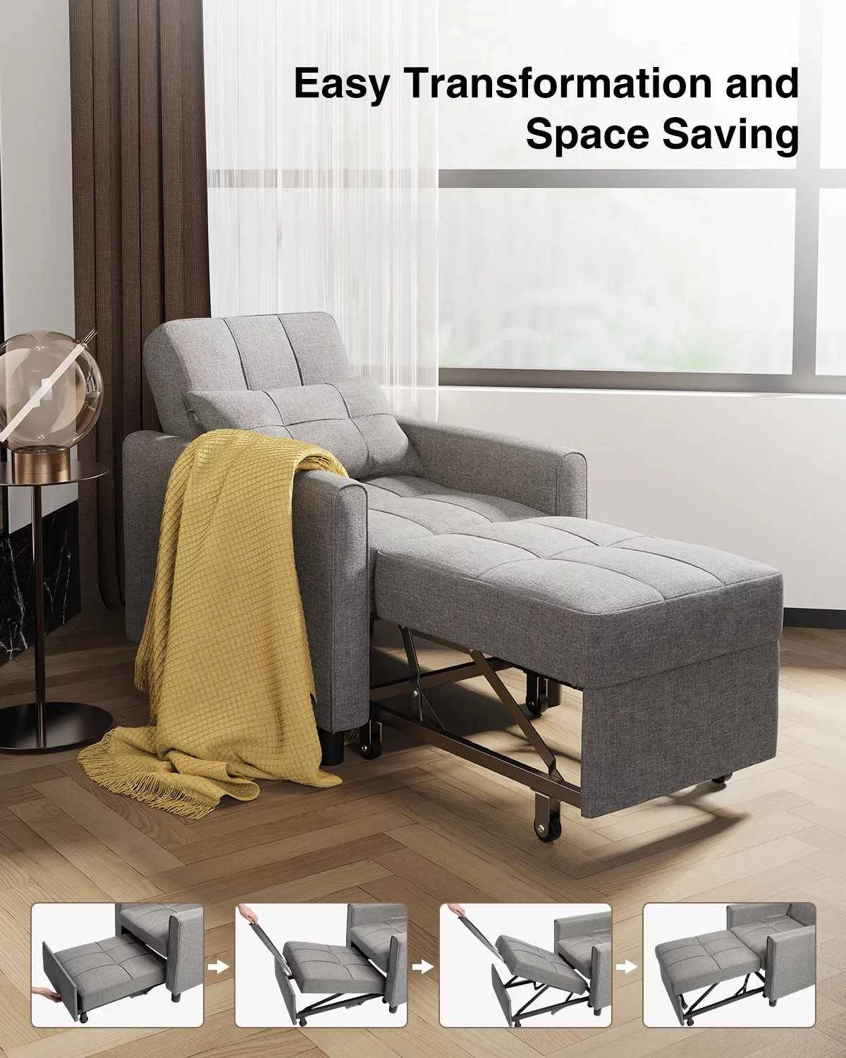 Sofa Beds Chair 3 in 1, Convertible Chair Single Bed, Grey