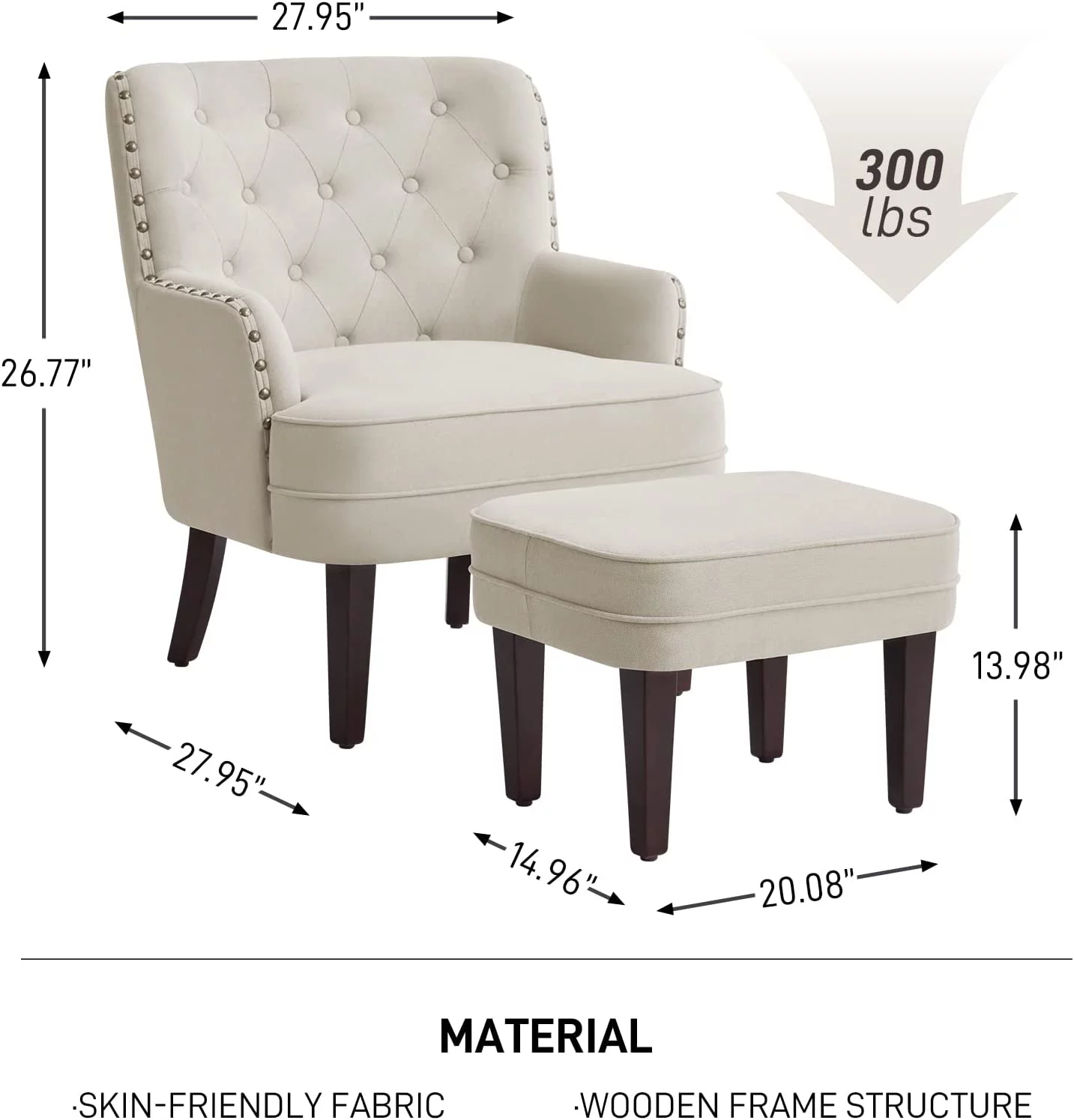 Accent Chair with Ottoman, Button Tufted Armchair for Bedroom Living Room(Beige)