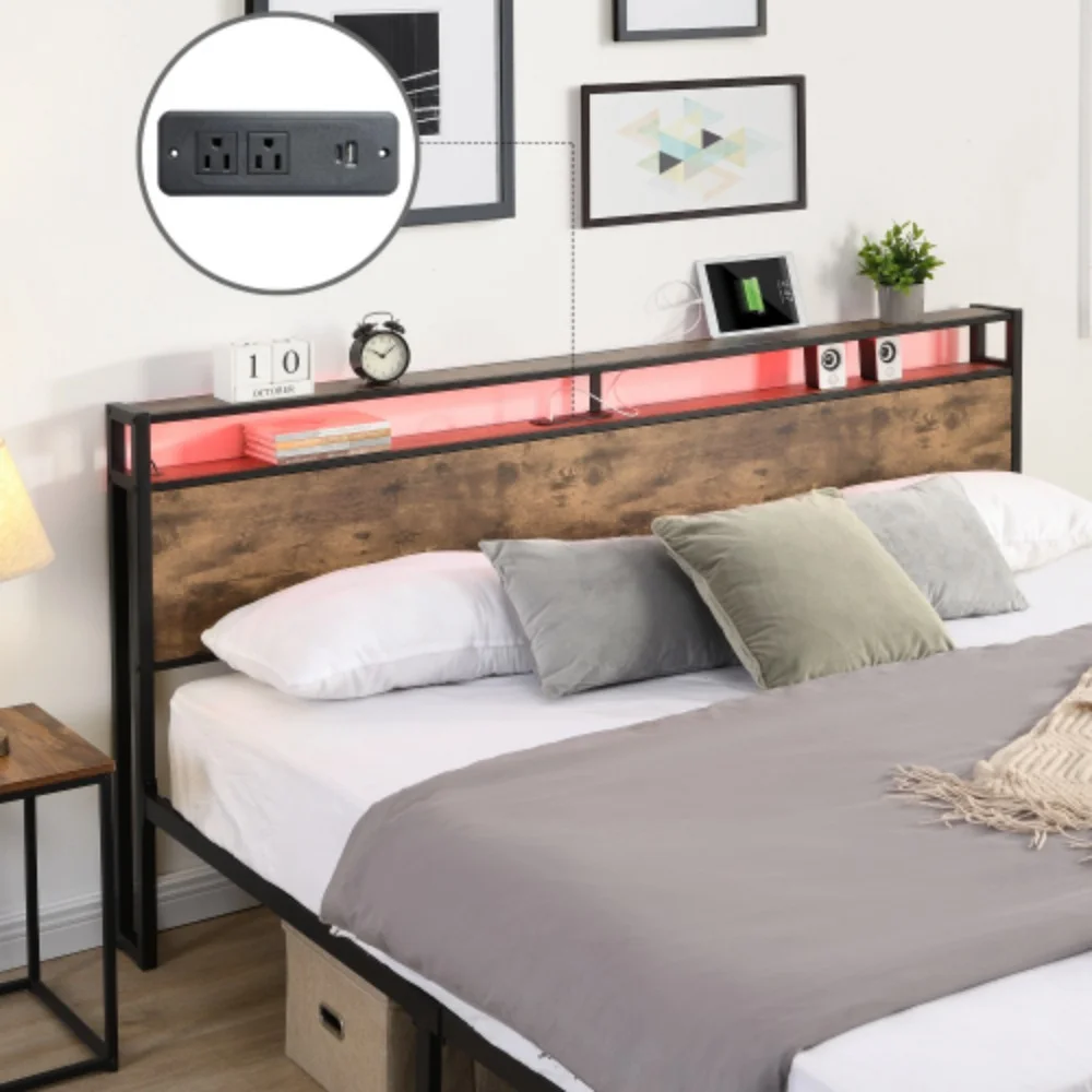 King Bed Frame, Storage Headboard with Charging Station, Solid and Stable, Noise Free, No Box Spring Needed, Easy Assembly  Antique brown + Metal & Wood + Bedroom + King + Bed Frame + Metal