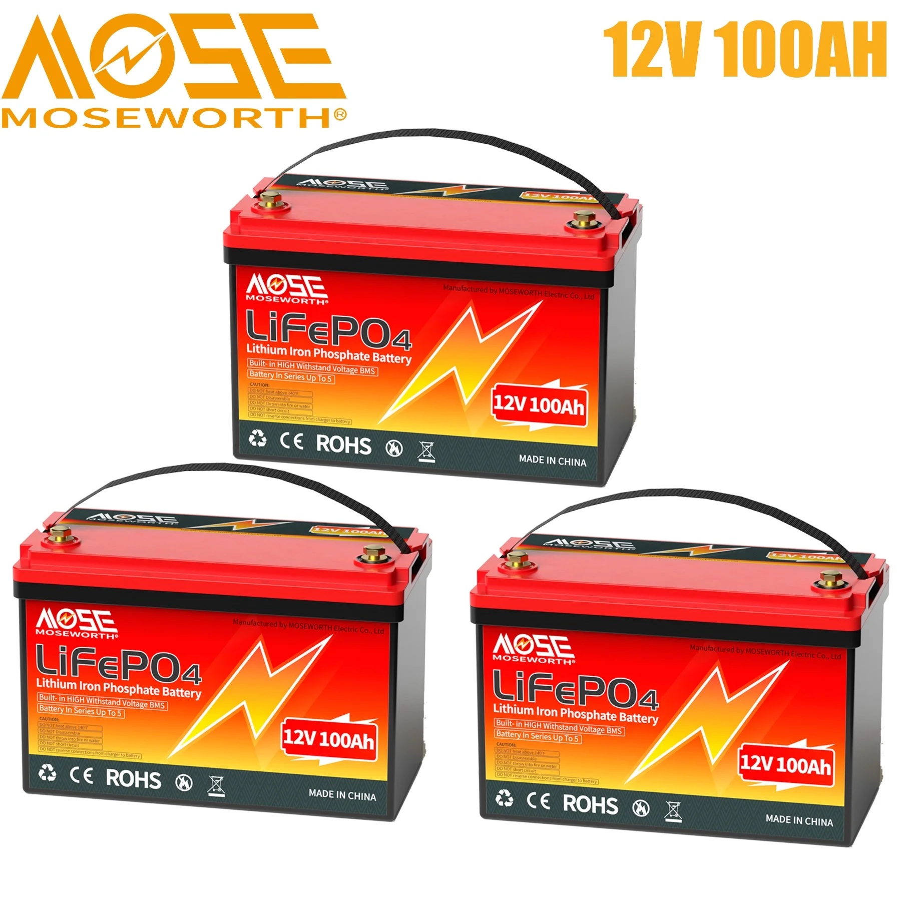 3PACK MOSEWORTH 12V 100Ah Lithium LiFePO4 Battery,15000 Deep Cycles for RV, Marine, Backup Power, Solar
