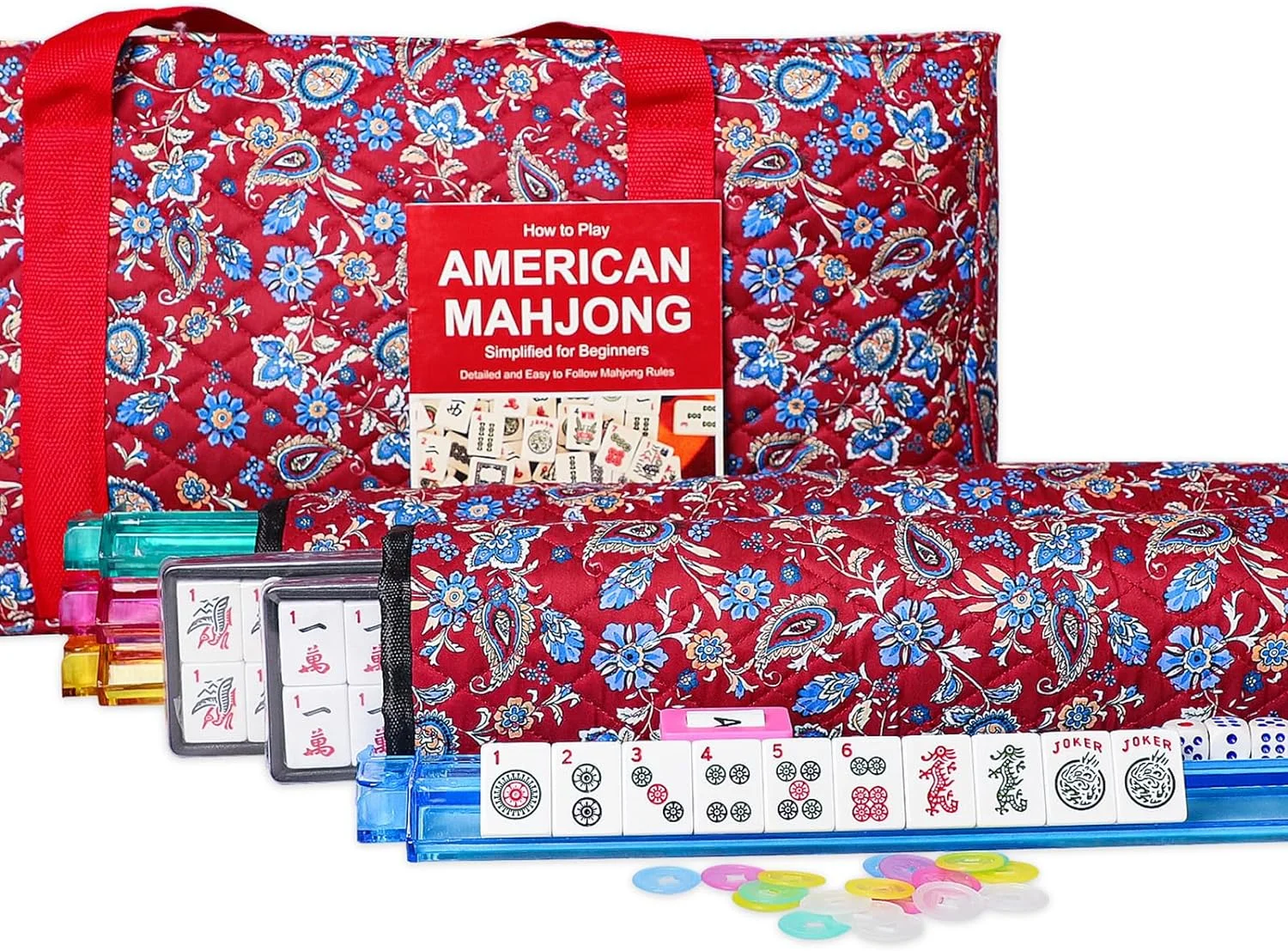 American Mahjong Set,Red Bag,166 Mahjong Sets,4 All-in-One Rack/Pushers,Mahjong Tiles Set with Manual (Mah-Jongg,Majiang)