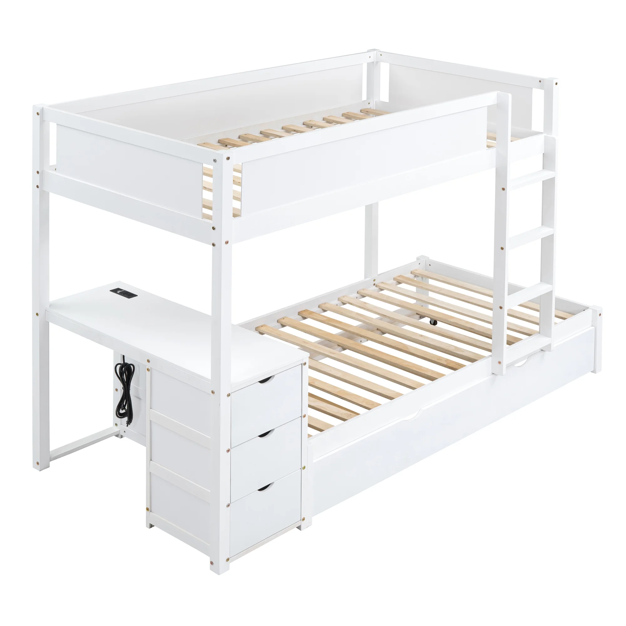 Churanty Twin Over Twin Bunk Bed with Trundle and Desk, Solid Wood Bunk Bed Frame with Storage Drawers and shelves for Kids Girls Boys Bedroom,White